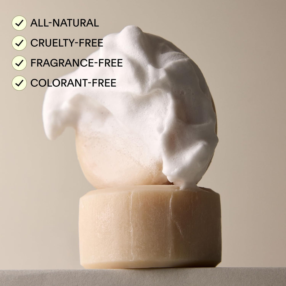 Leaf Shave soap bar closeup highlights fragrance-free formula for sensitive skin.