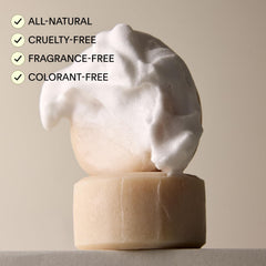Leaf Shave soap bar closeup highlights fragrance-free formula for sensitive skin.