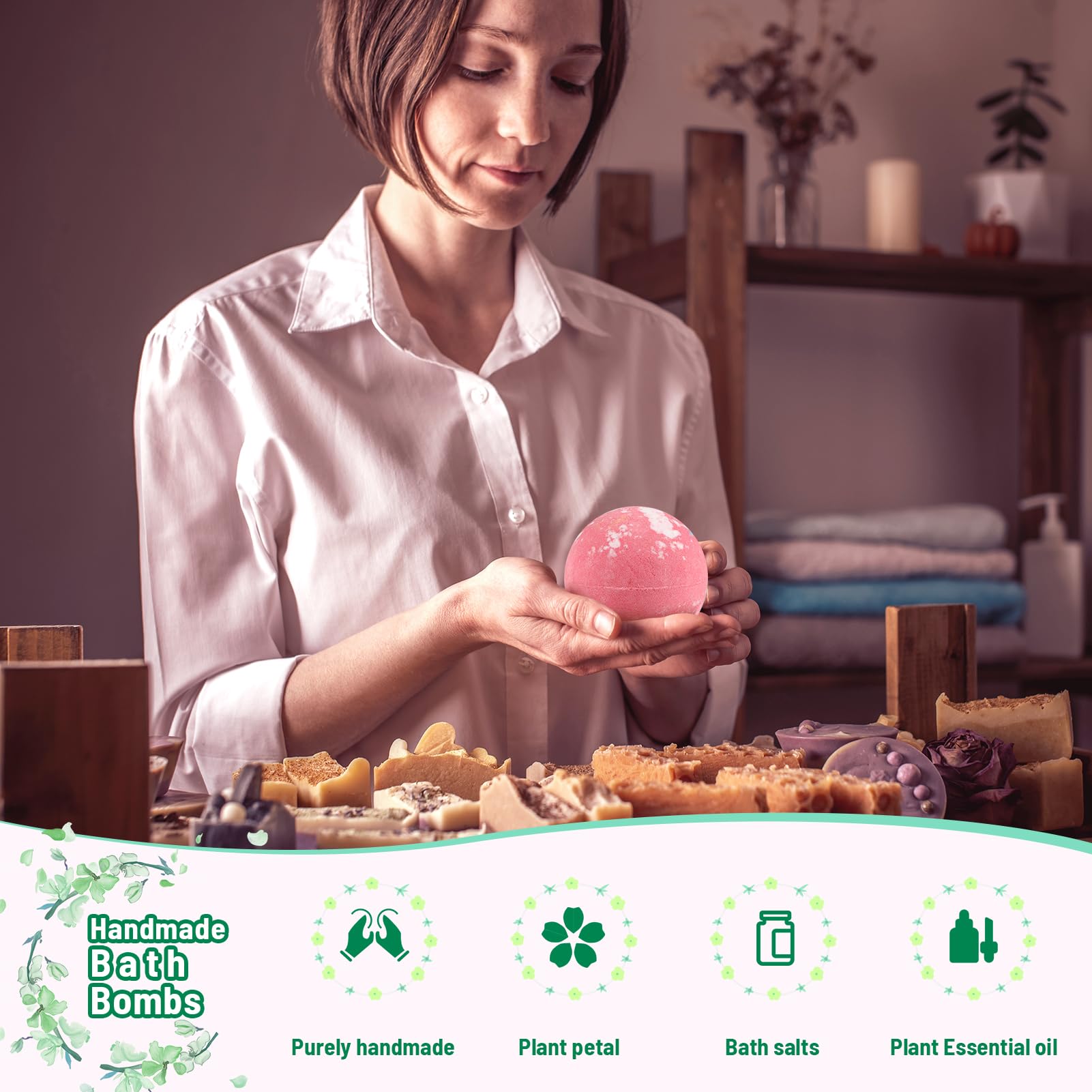Leafgift Natural Ingredients label emphasizes plant oils and shea butter for skin-softening baths.