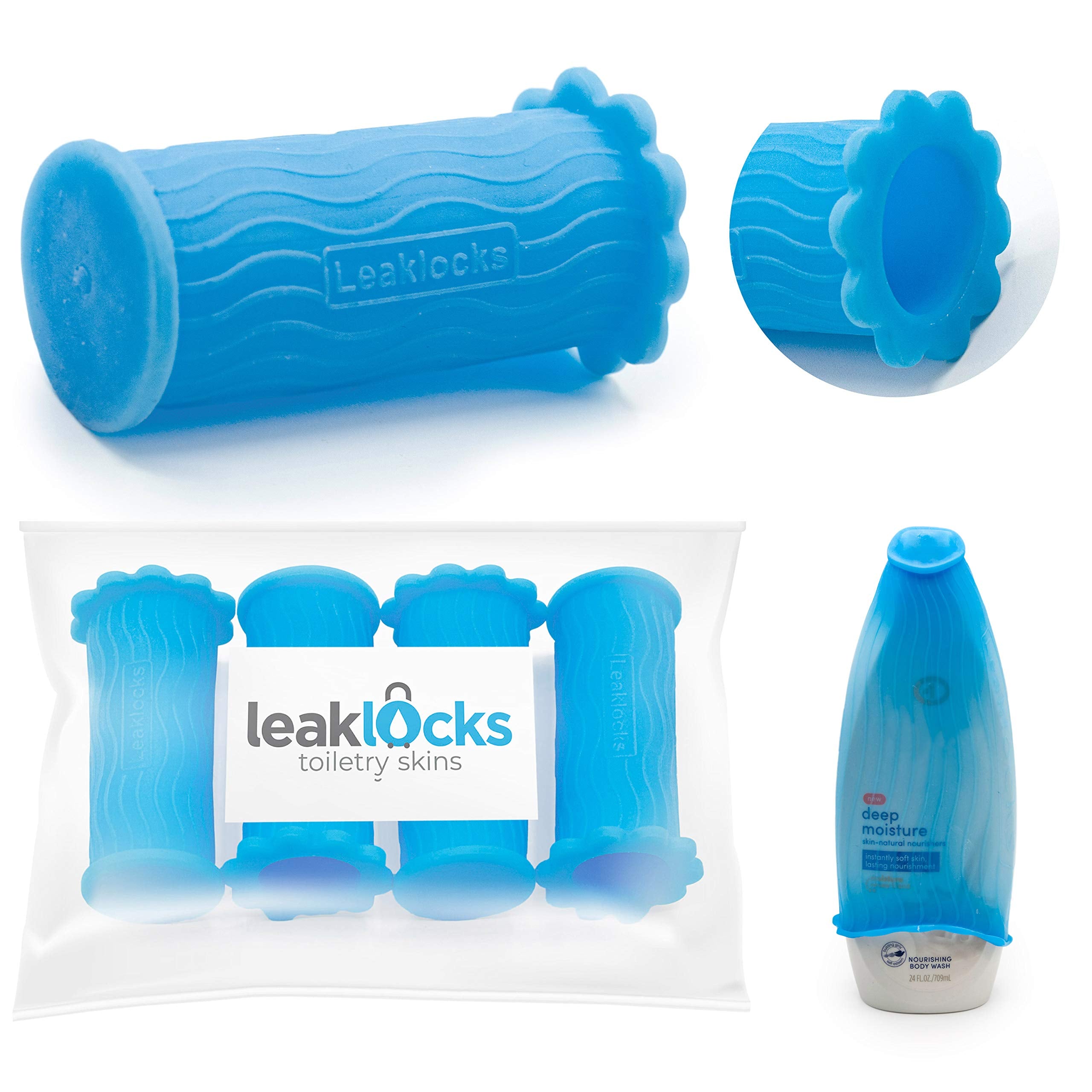LeakLocks Toiletry Skins durable thermoplastic rubber sleeve for any travel bag.