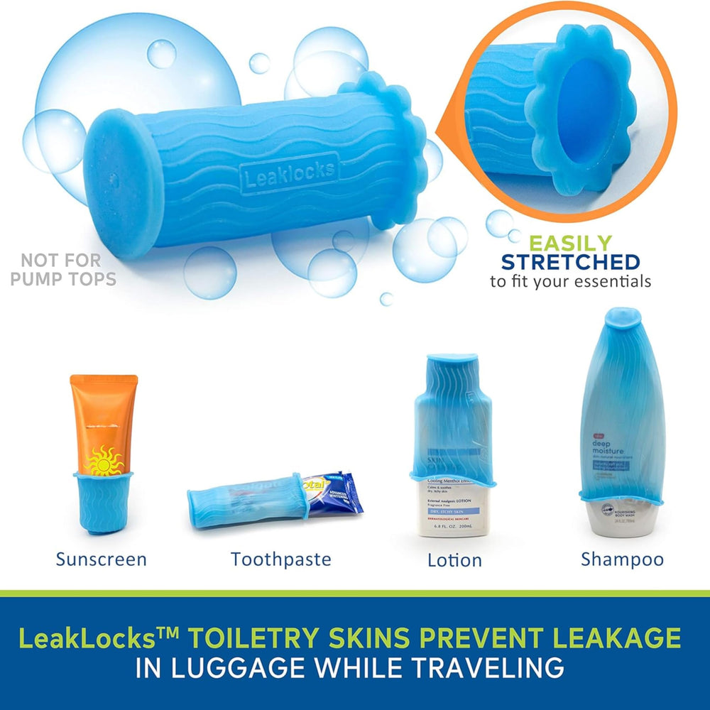 LeakLocks Toiletry Skins eight-pack storage keeps travel kit organized.