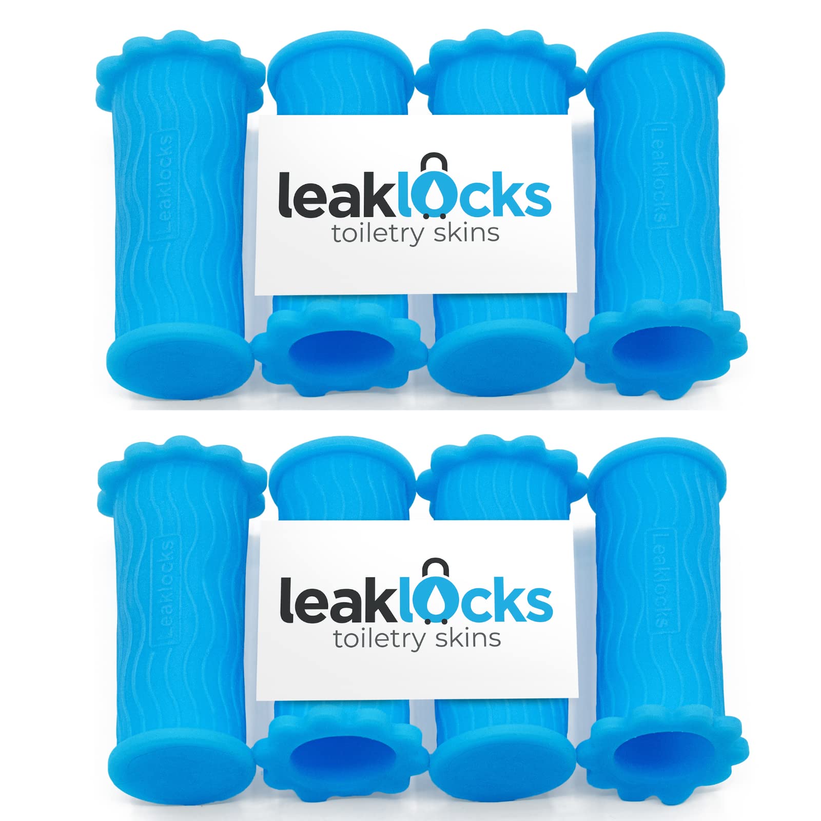 LeakLocks Toiletry Skins elastic sleeve on bottle protects luggage from leaks during travel.
