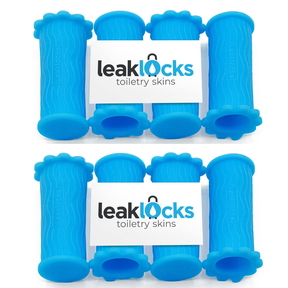 LeakLocks Toiletry Skins elastic sleeve on bottle protects luggage from leaks during travel.