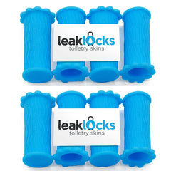 LeakLocks Toiletry Skins elastic sleeve on bottle protects luggage from leaks during travel.