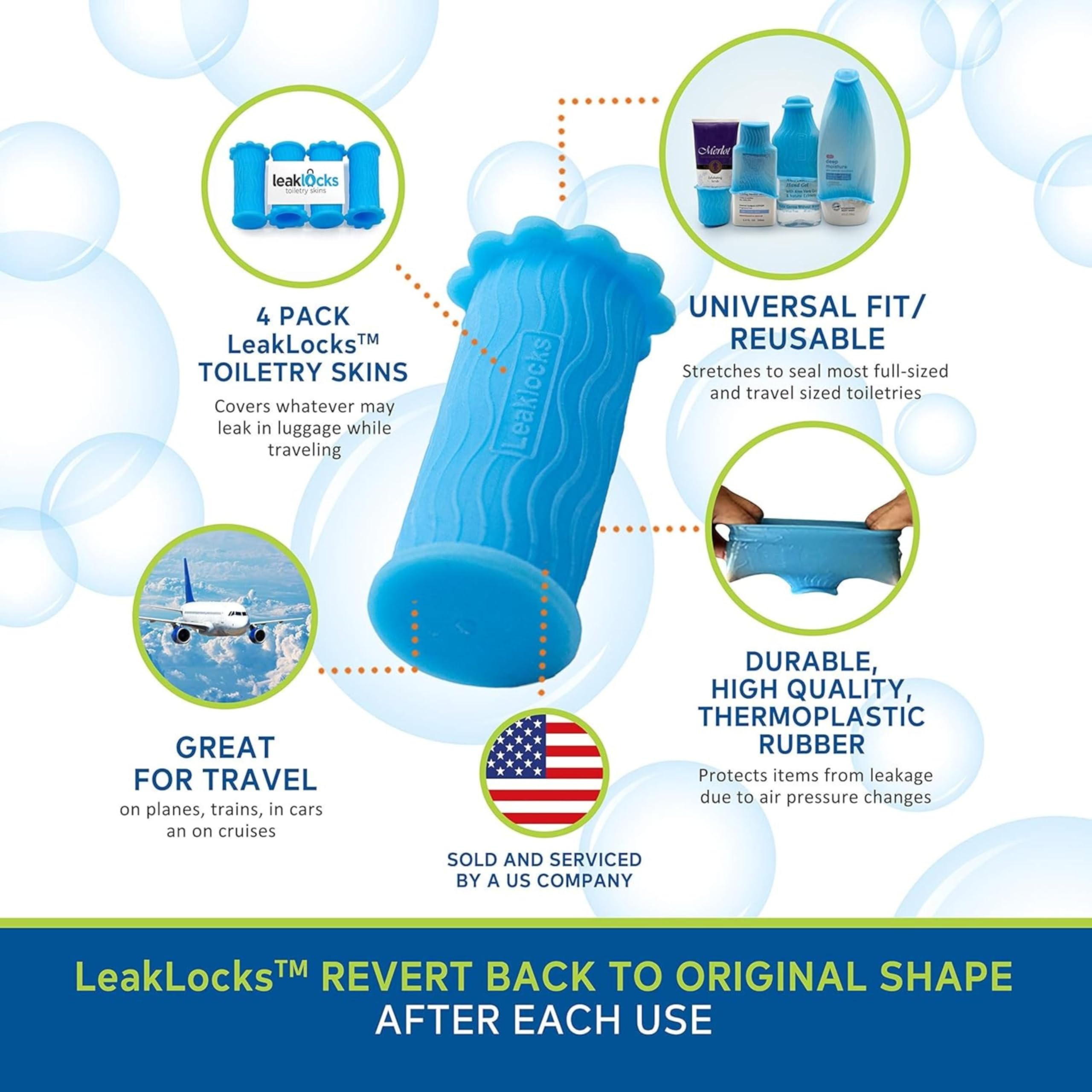 LeakLocks Toiletry Skins reusable material shields toothpaste and sunscreen from leaks.
