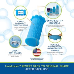 LeakLocks Toiletry Skins reusable material shields toothpaste and sunscreen from leaks.