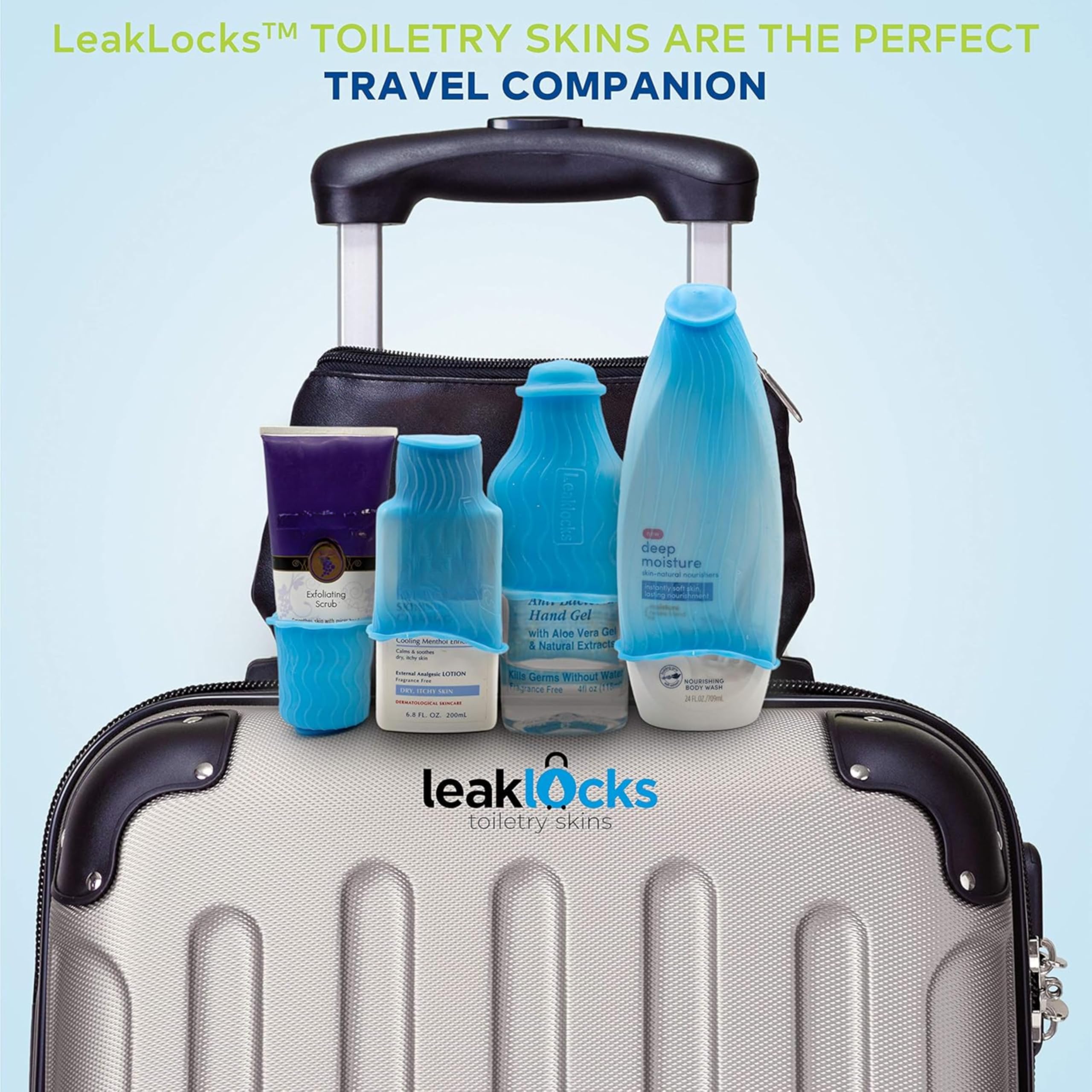 LeakLocks Toiletry Skins in luggage guard against spills during transit.