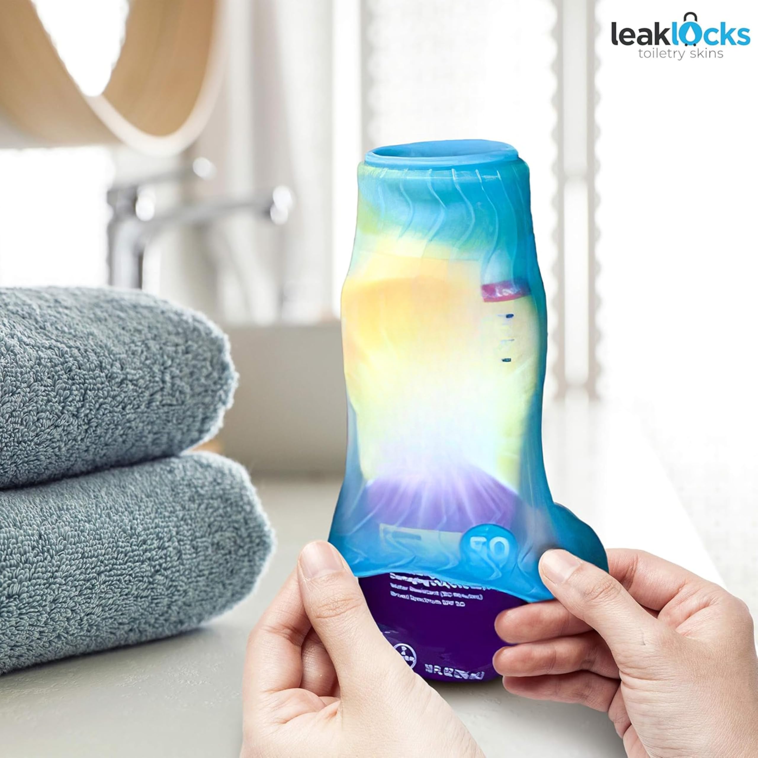 LeakLocks Toiletry Skins universal-fit sleeve keeps standard and travel bottles organized.