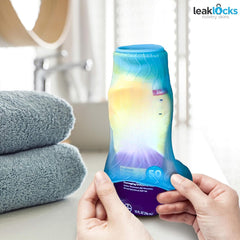 LeakLocks Toiletry Skins universal-fit sleeve keeps standard and travel bottles organized.