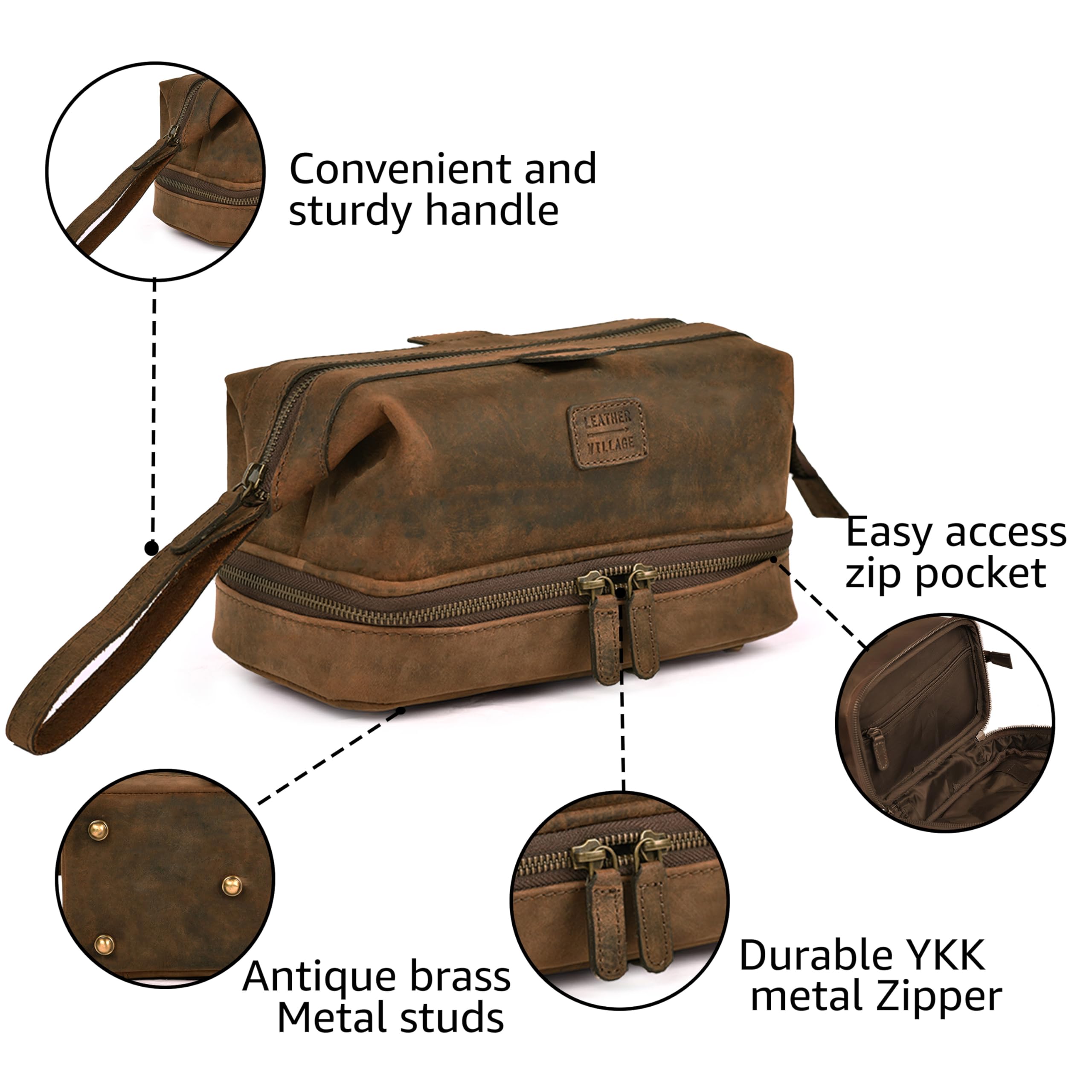 LEATHER VILLAGE Dopp Kit bottom compartment stores larger items like toothpaste or shaving cream