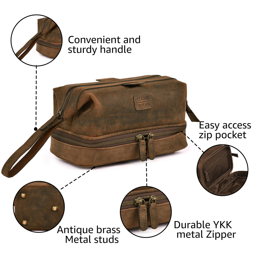 LEATHER VILLAGE Dopp Kit bottom compartment stores larger items like toothpaste or shaving cream