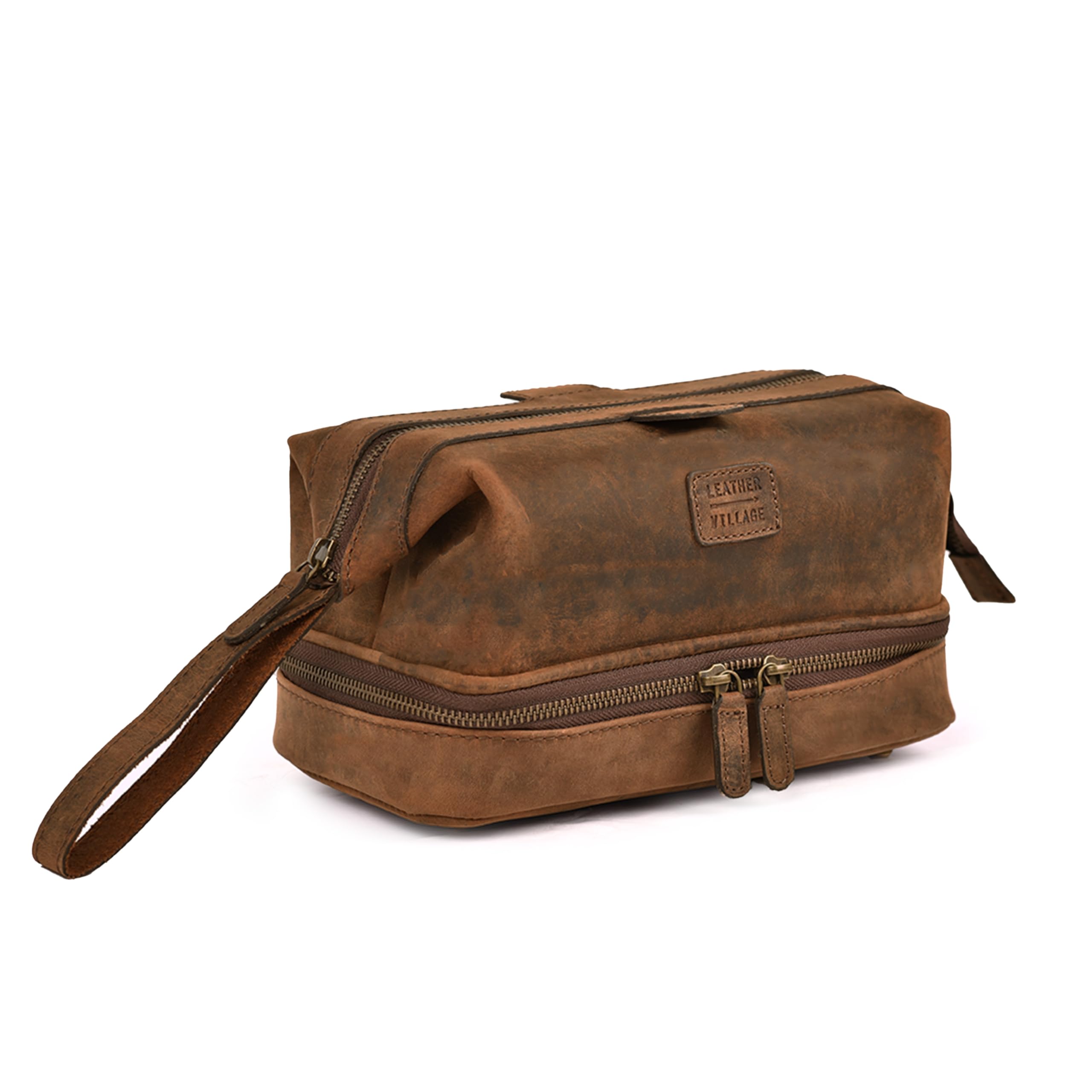 LEATHER VILLAGE Dopp Kit in full-grain buffalo leather for lasting durability on trips
