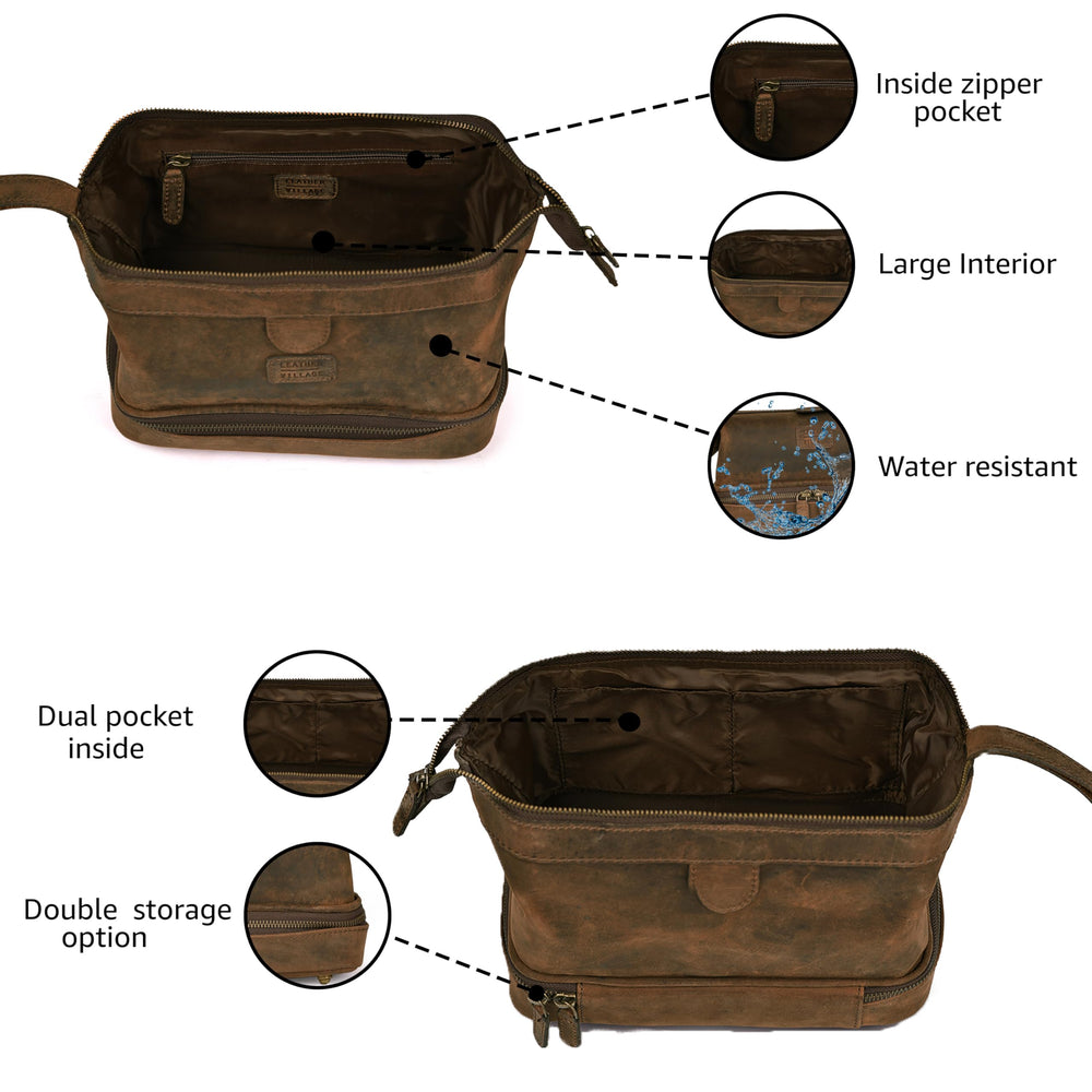 LEATHER VILLAGE Dopp Kit top compartment keeps cosmetics within easy reach