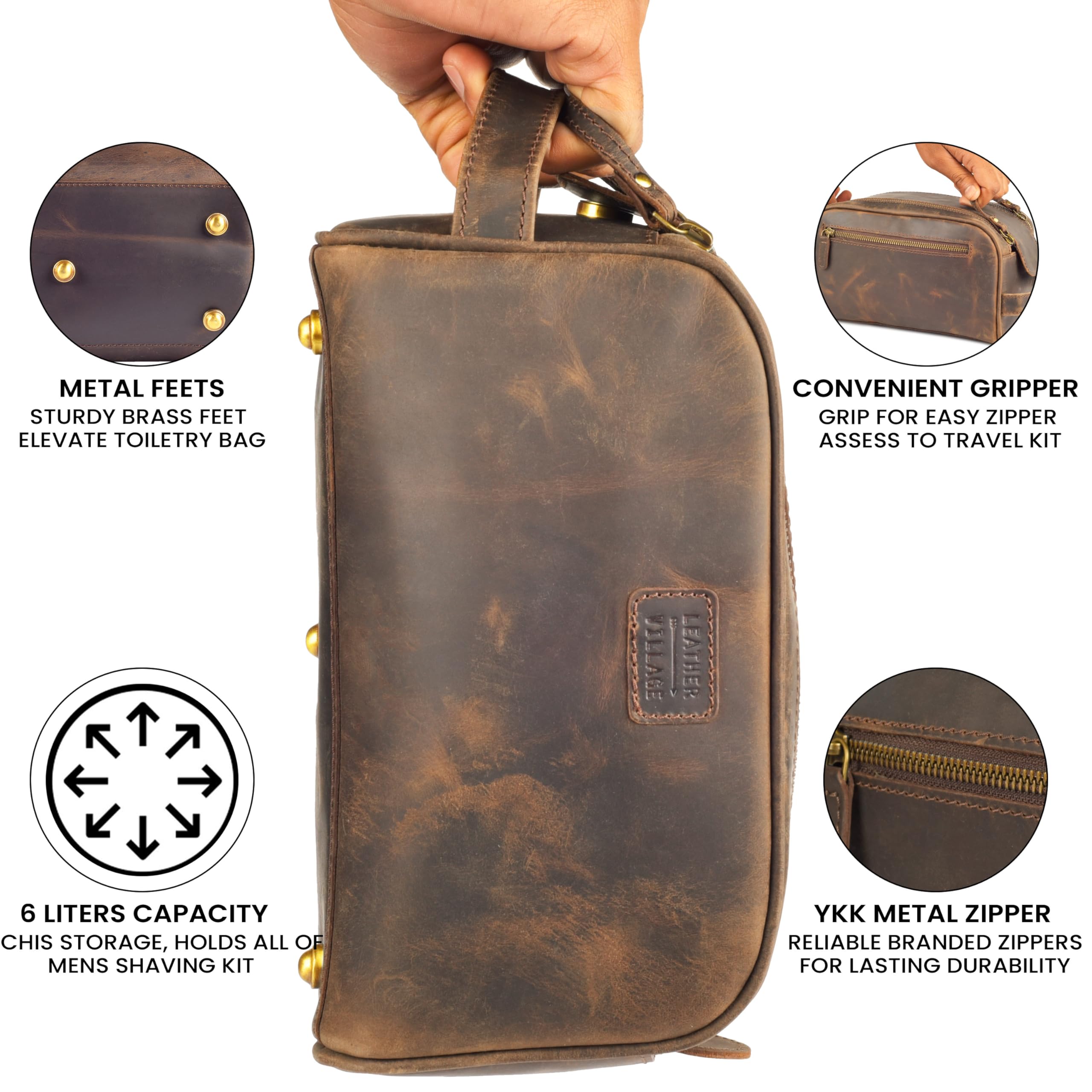 Leather Village full-grain buffalo leather texture emphasizing premium craftsmanship.