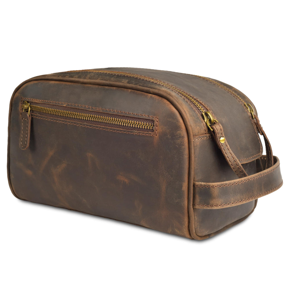 Leather Village premium leather toiletry pouch close-up showing durable buffalo leather texture for travel.