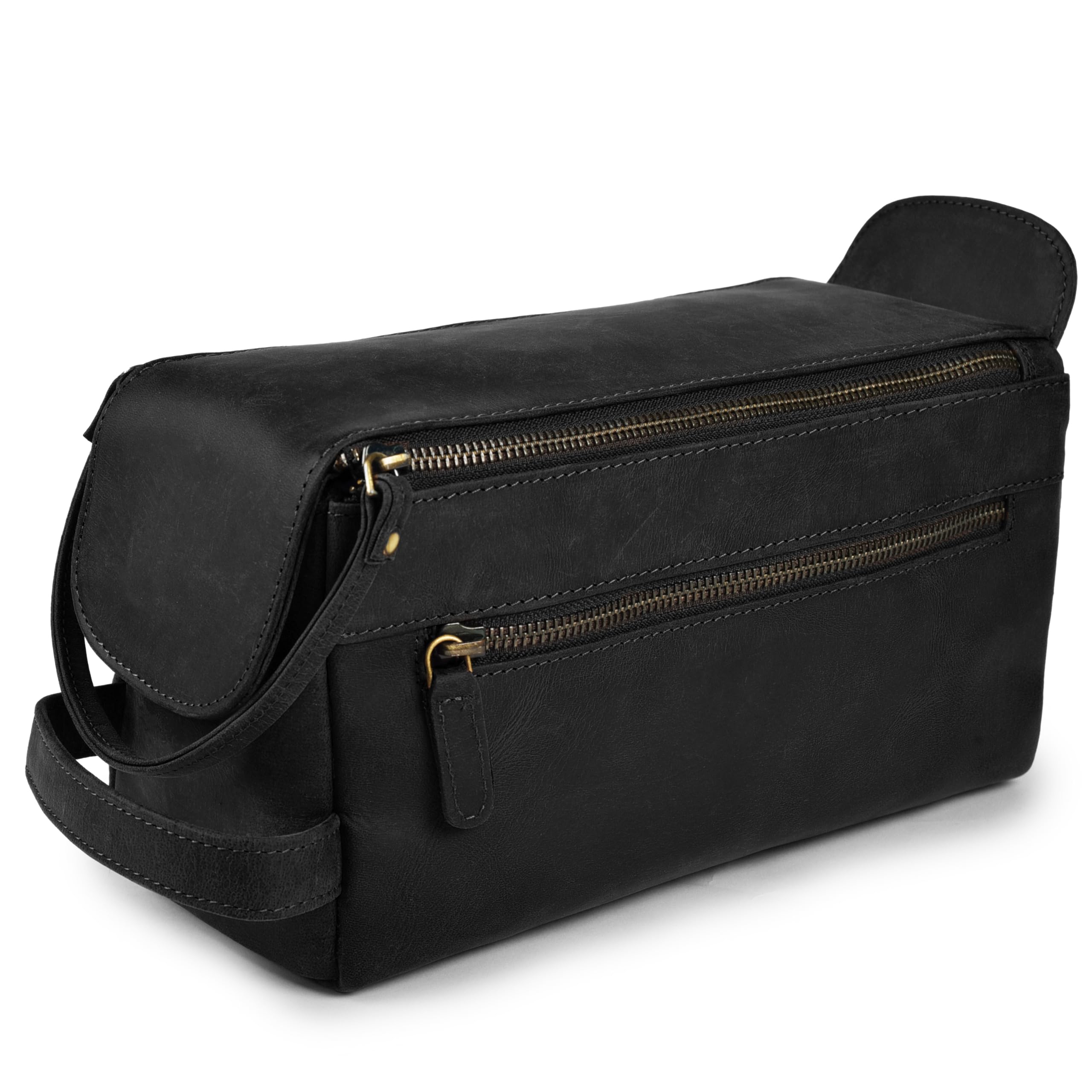 LEATHER VILLAGE premium toiletry bag closed view highlights durable full-grain leather for travel