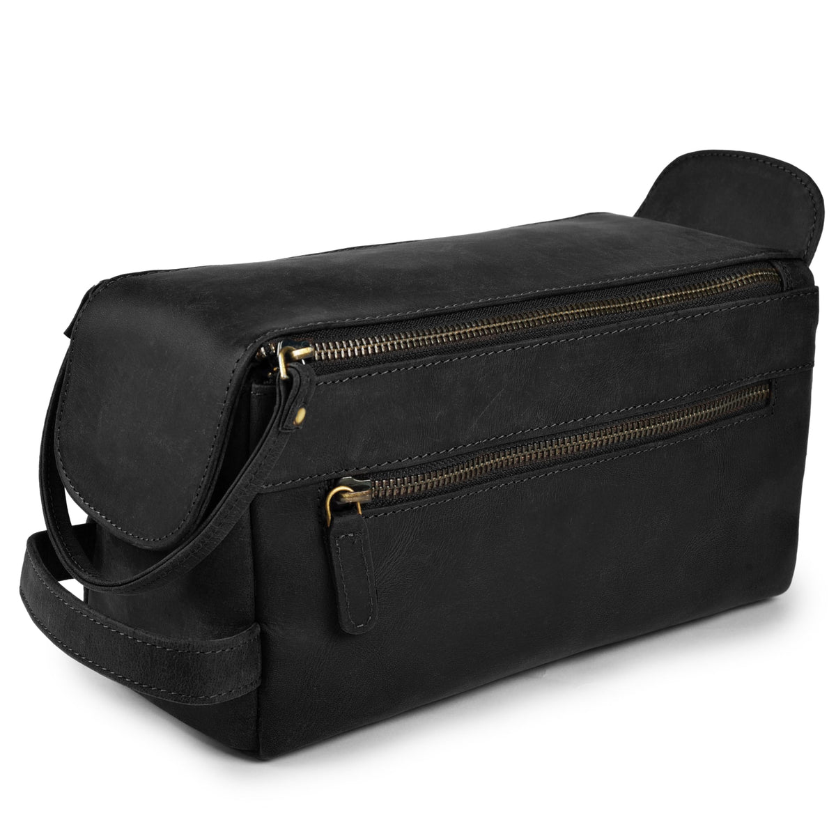 LEATHER VILLAGE premium toiletry bag closed view highlights durable full-grain leather for travel