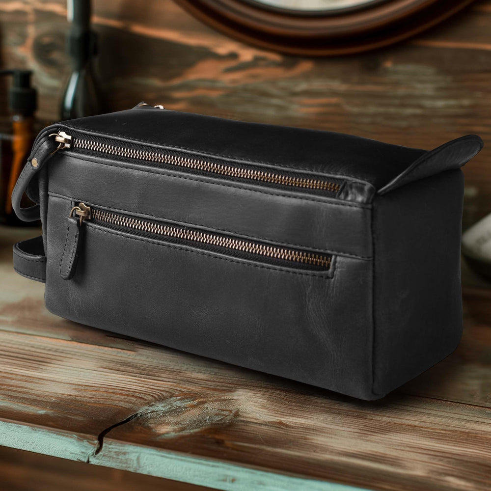 LEATHER VILLAGE premium toiletry bag distressed black finish adds vintage travel style