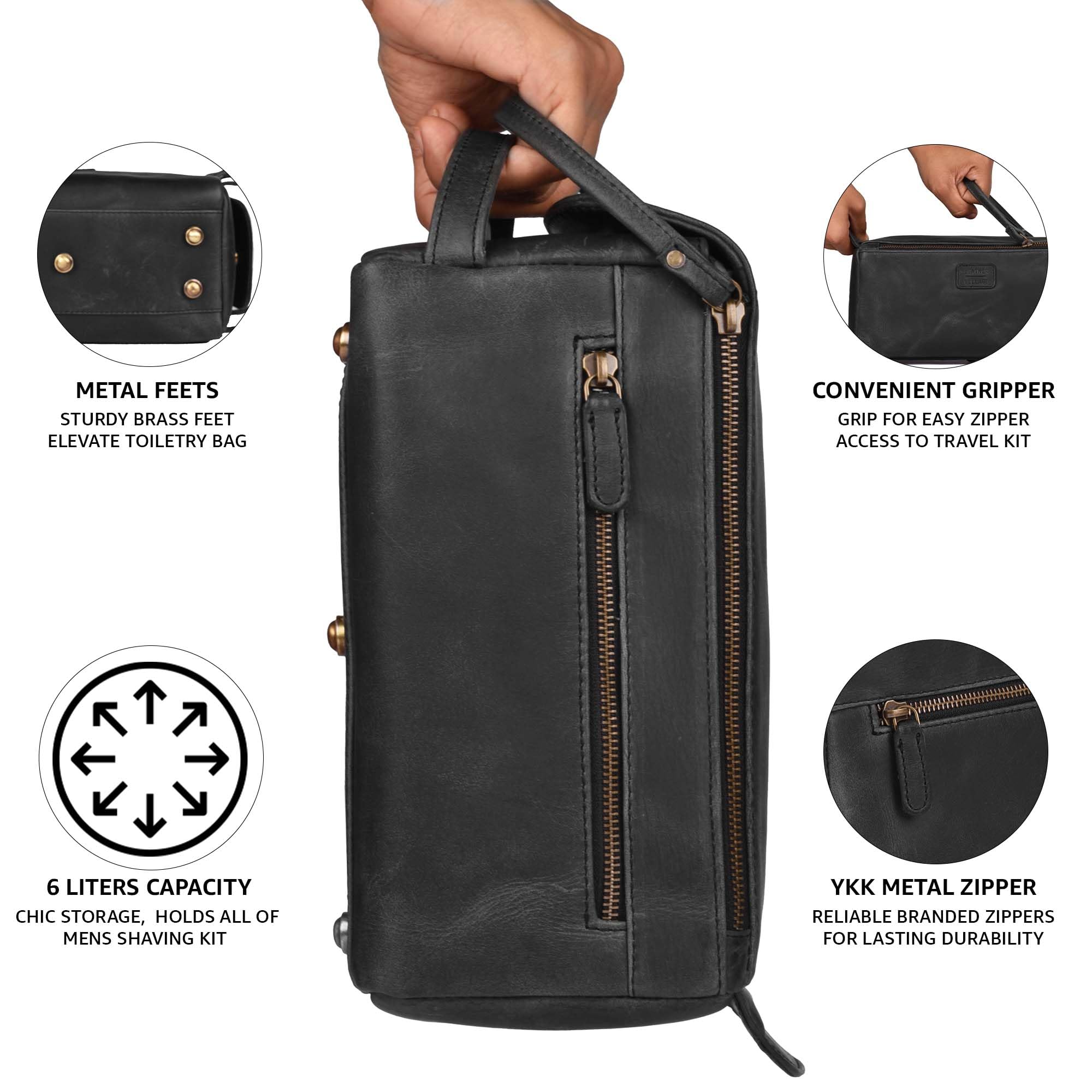 LEATHER VILLAGE premium toiletry bag exterior pocket offers quick access on the go