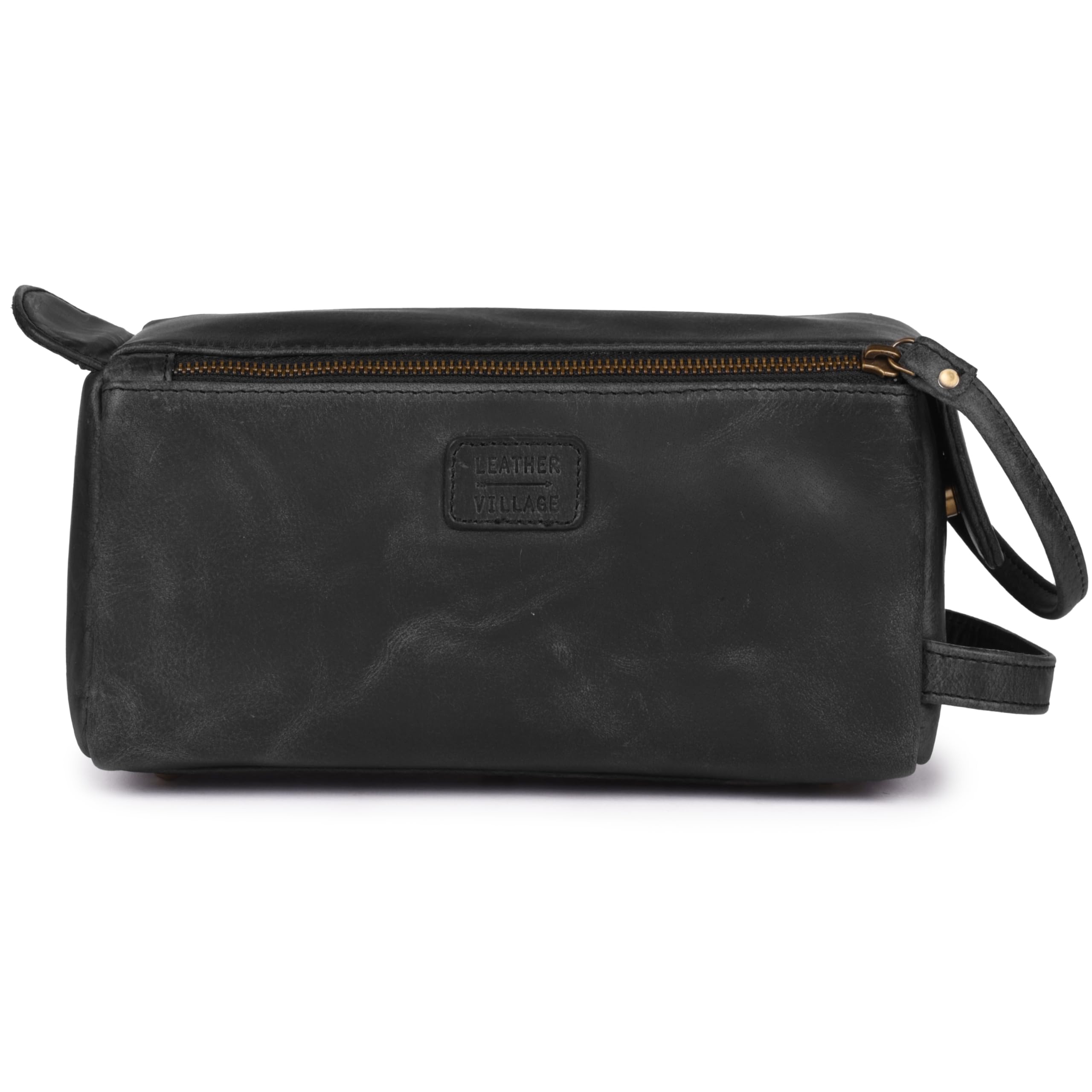 LEATHER VILLAGE premium toiletry bag open compartments reveals organized storage for travel essentials