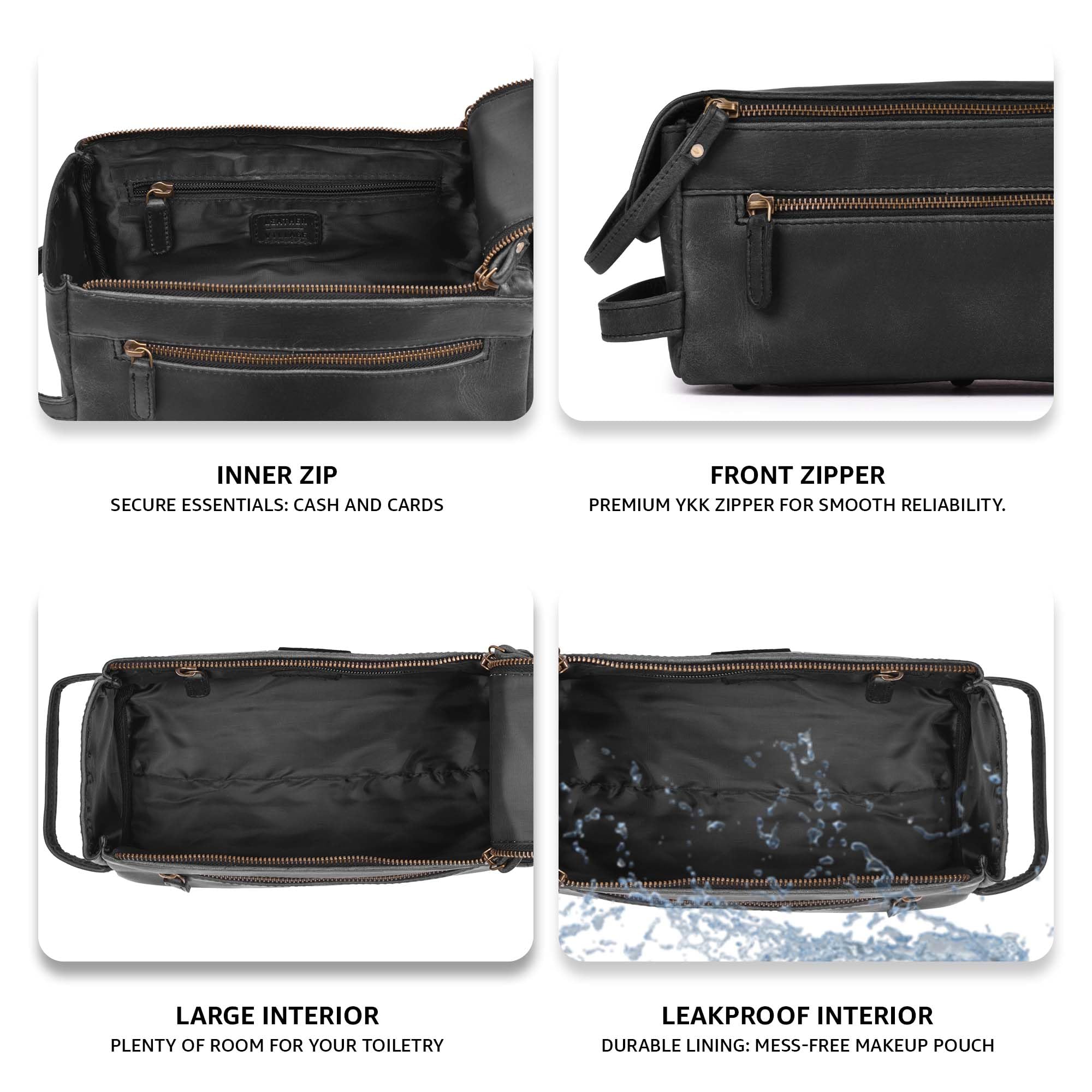 LEATHER VILLAGE premium toiletry bag YKK zippers imply smooth closure and long-lasting use