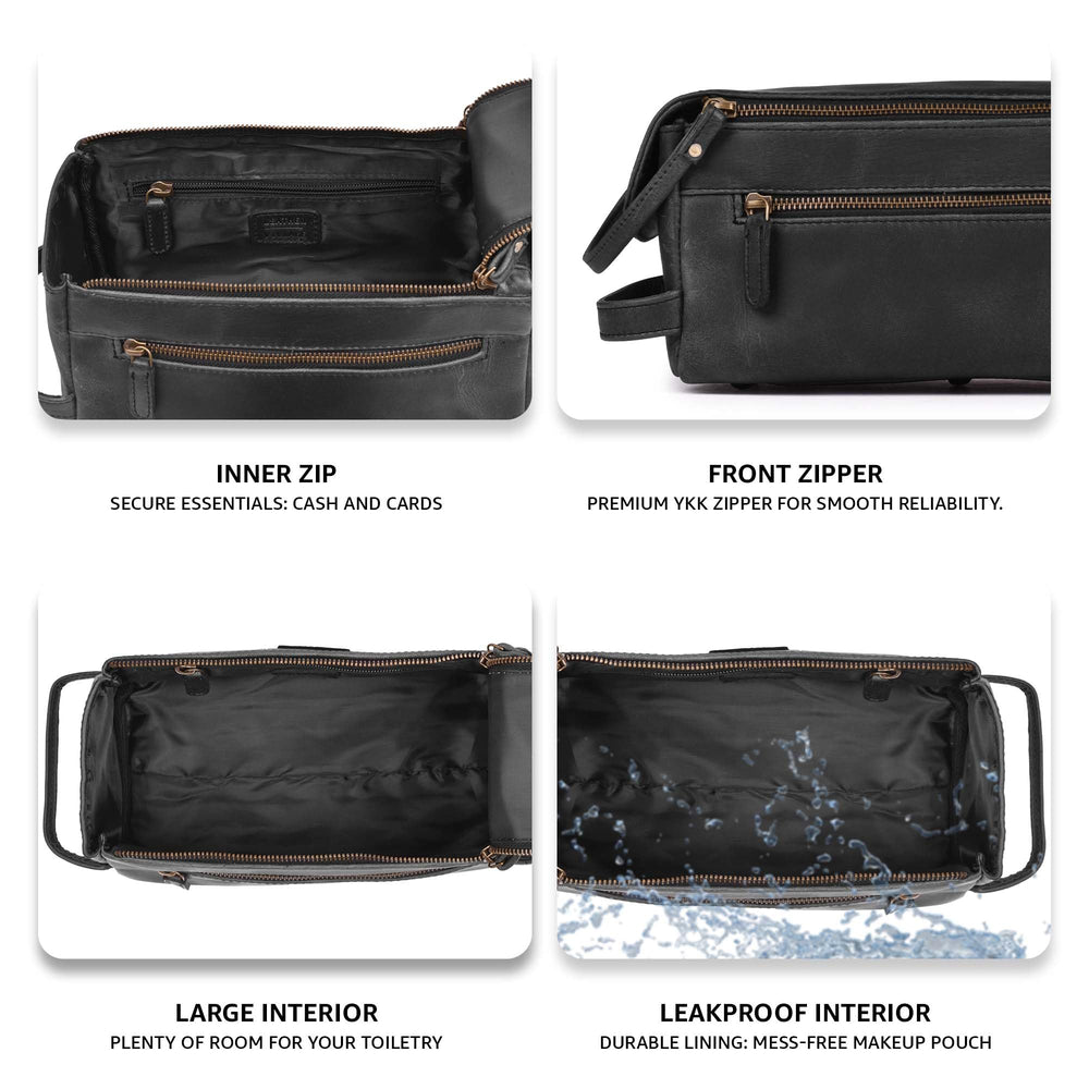 LEATHER VILLAGE premium toiletry bag YKK zippers imply smooth closure and long-lasting use