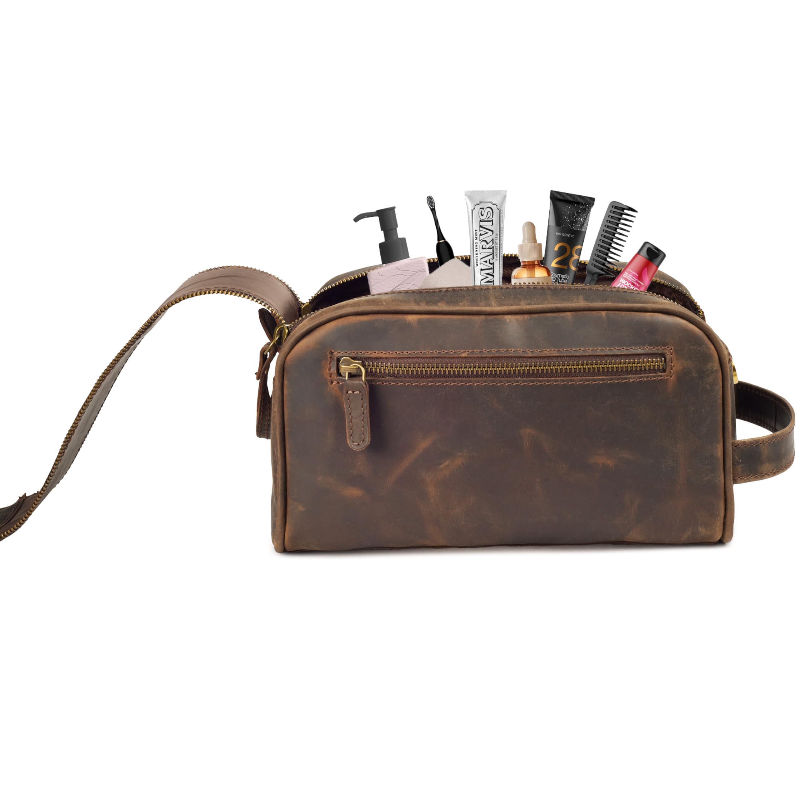 Leather Village shaving kit compartment layout for organized grooming gear.