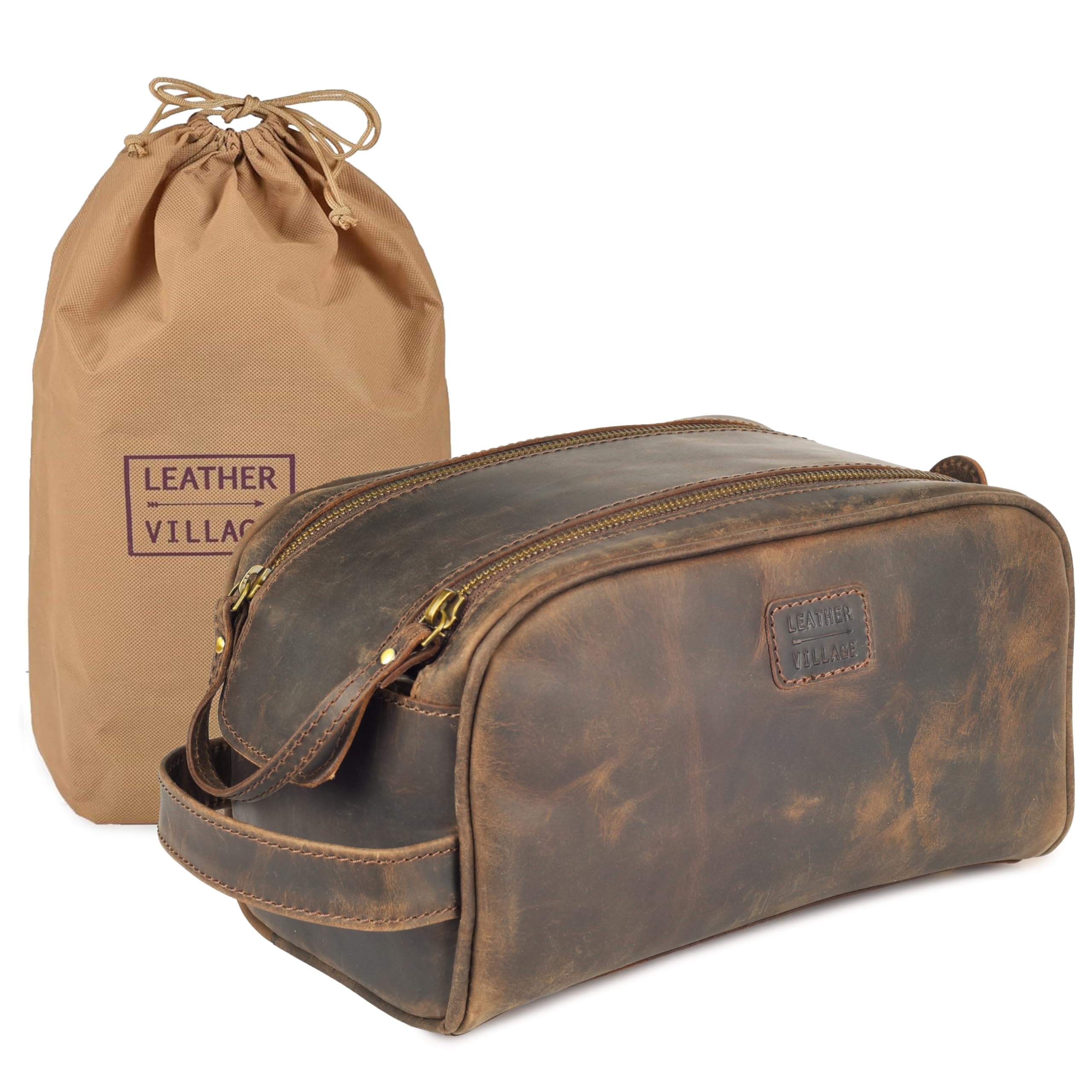 Leather Village travel Dopp Kit packaging image presenting gift-ready presentation.