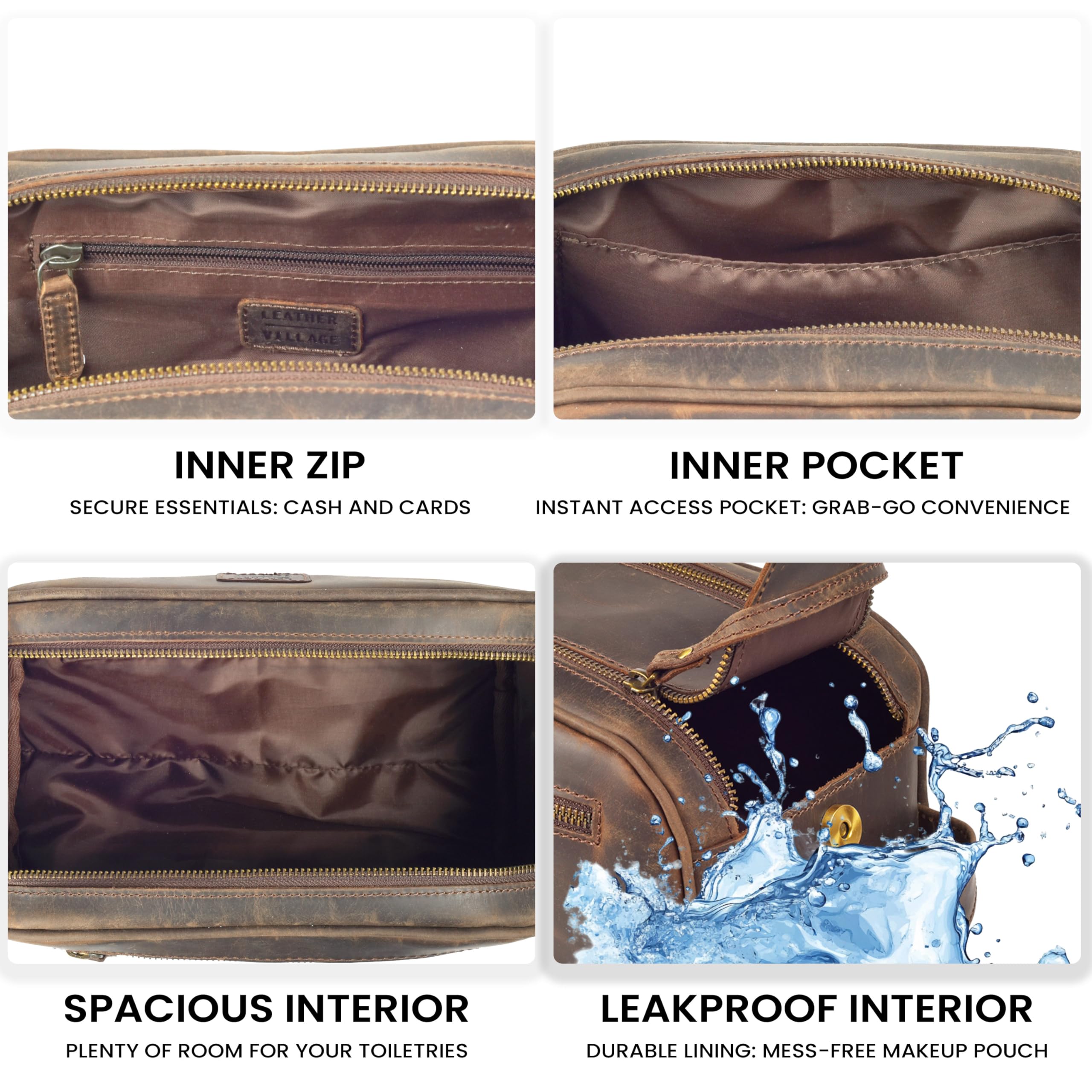 Leather Village YKK zipper detail showcasing reliable closure for secure toiletries.