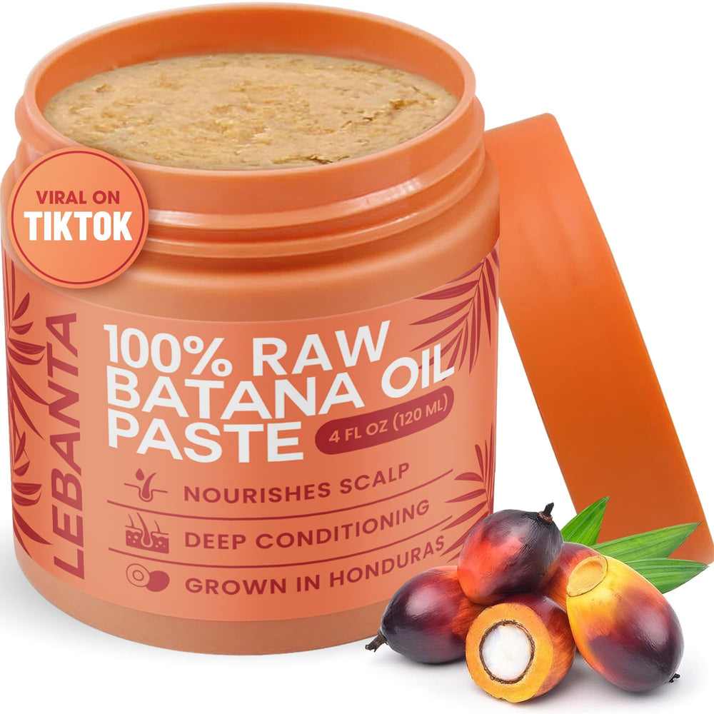 Lebanta Raw Batana Oil bottle highlights pure organic formula for hair nourishment.
