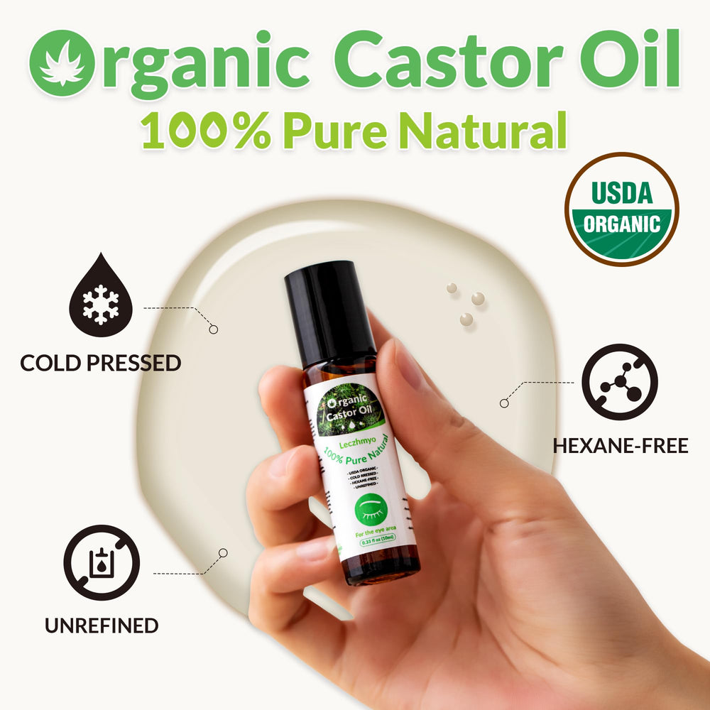 Leczhmyo castor oil roll-on applicator closeup shows convenient on-the-go use.