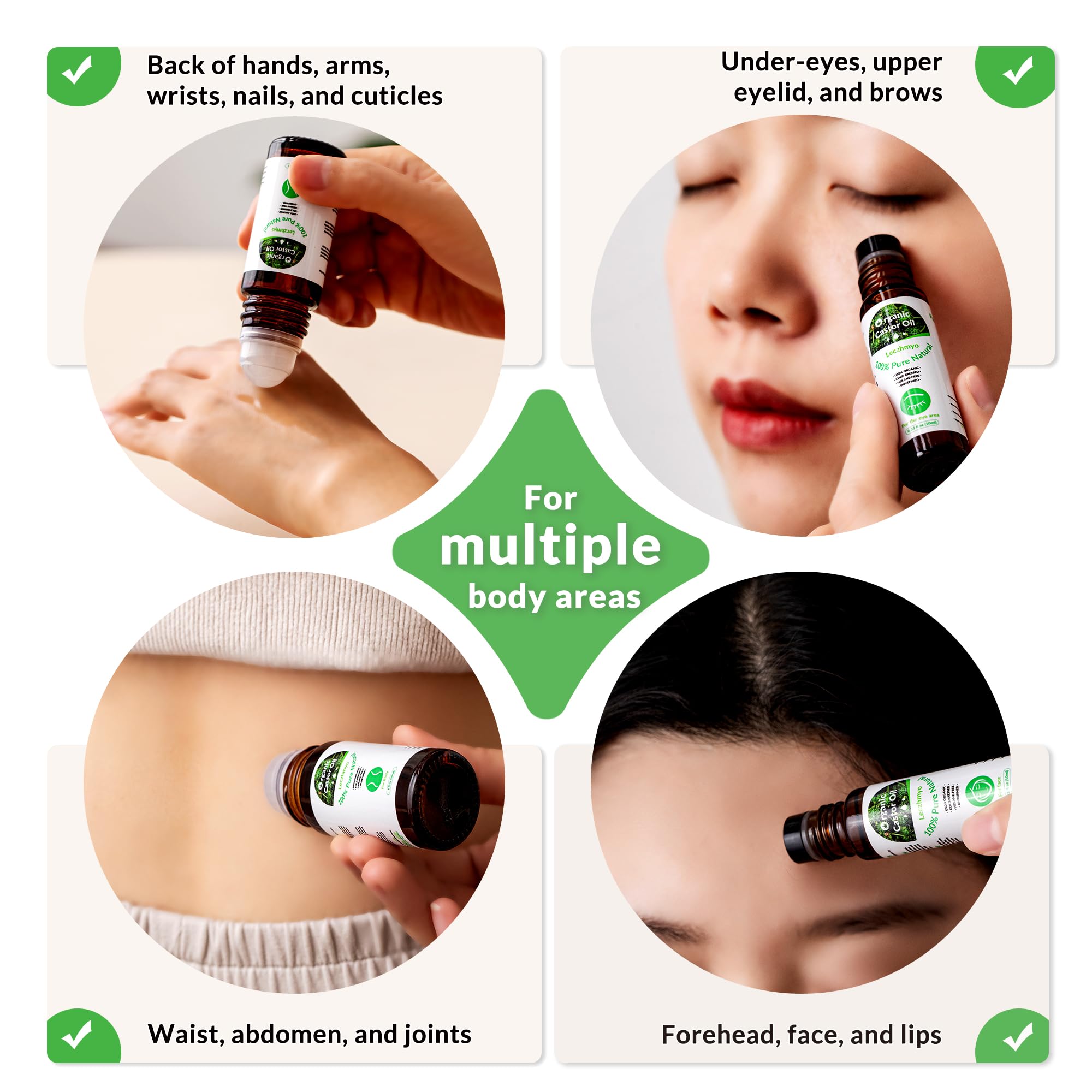Leczhmyo castor oil roll-on skin moisturizing for neck, arms, and body.