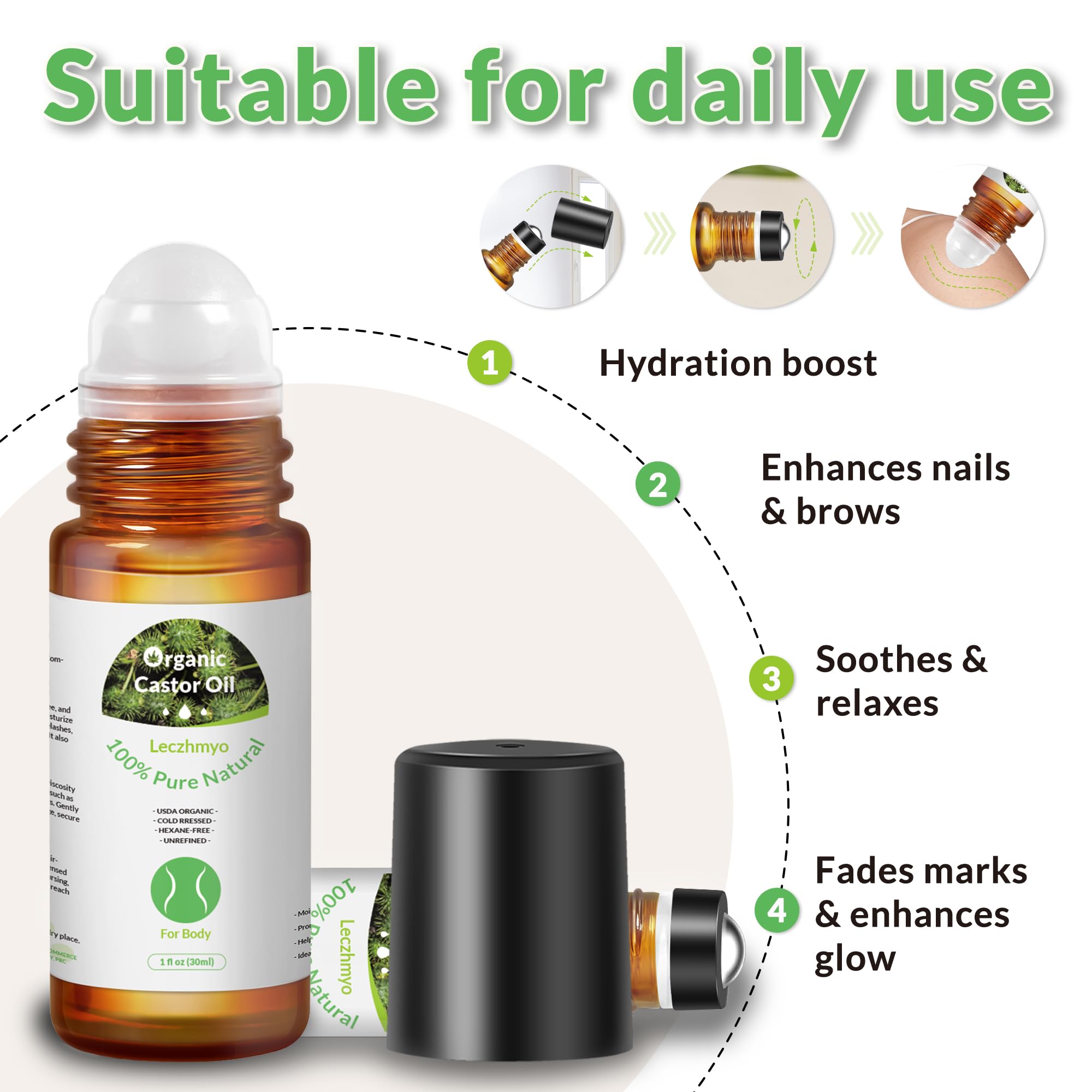 Leczhmyo castor oil roll-on travel size fits purse for quick touch-ups.
