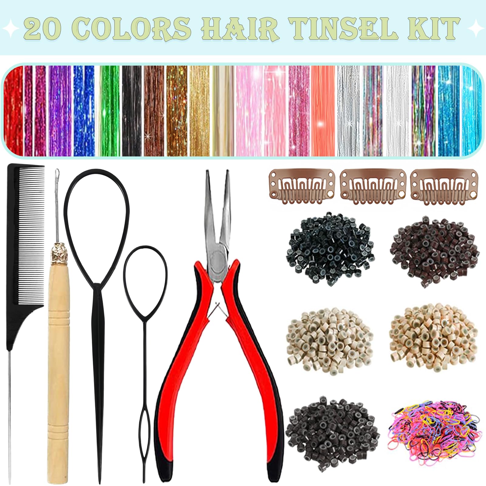 LEDIZE tinsel kit tools including crochet hook and pliers for easy extensions.