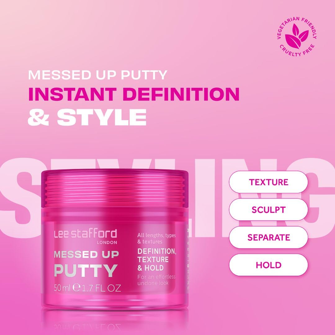 Lee Stafford Messed Up Putty application close-up for twisting and tousling hair.