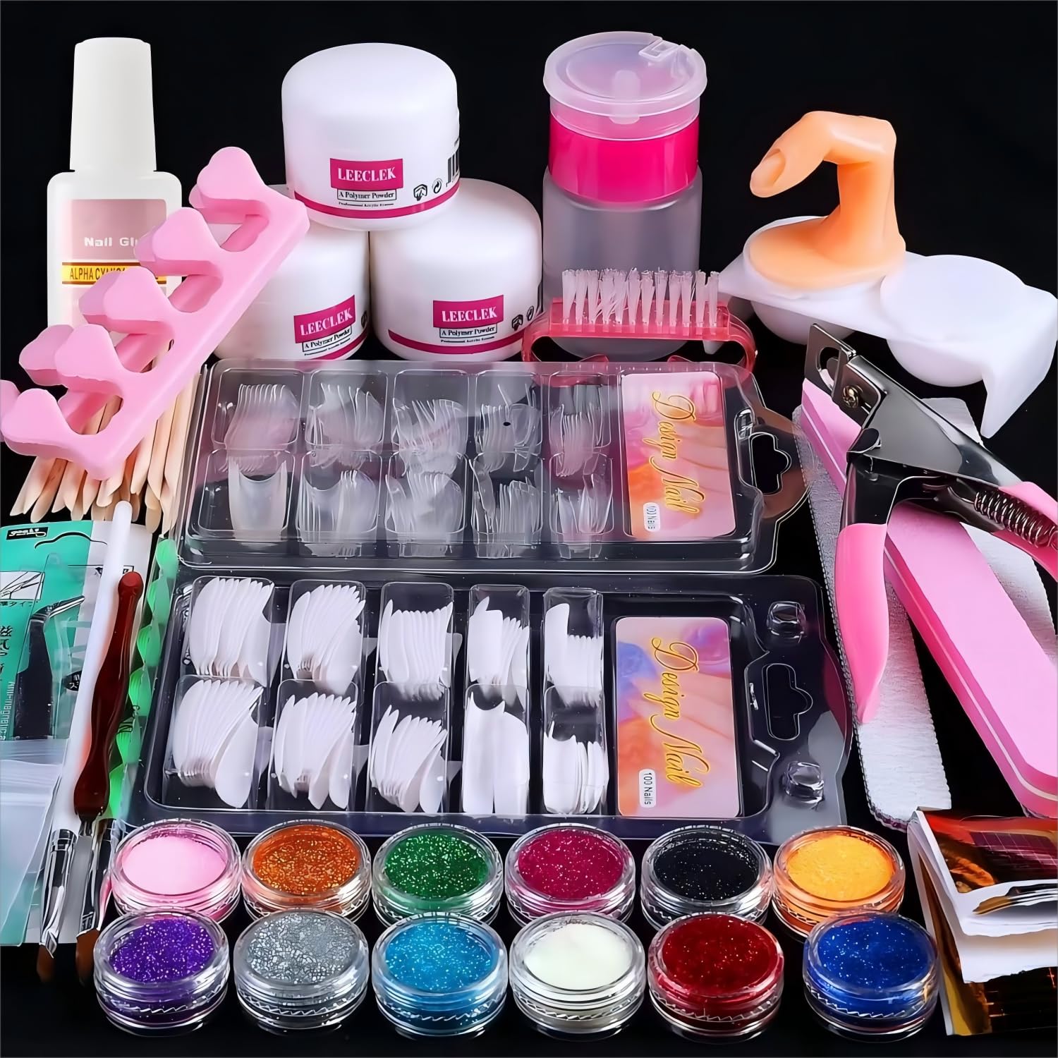 Leeclek acrylic kit contents: all-in-one manicure starter for home nail art possibilities.