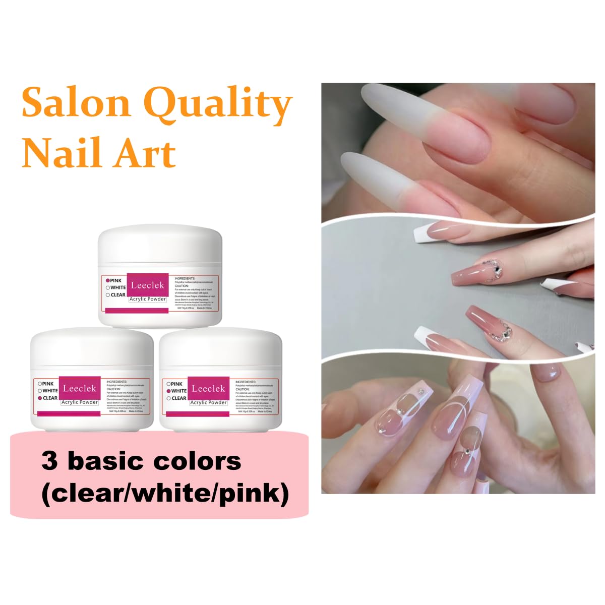 Leeclek acrylic powders pink: versatile color for classic French or statement nails.
