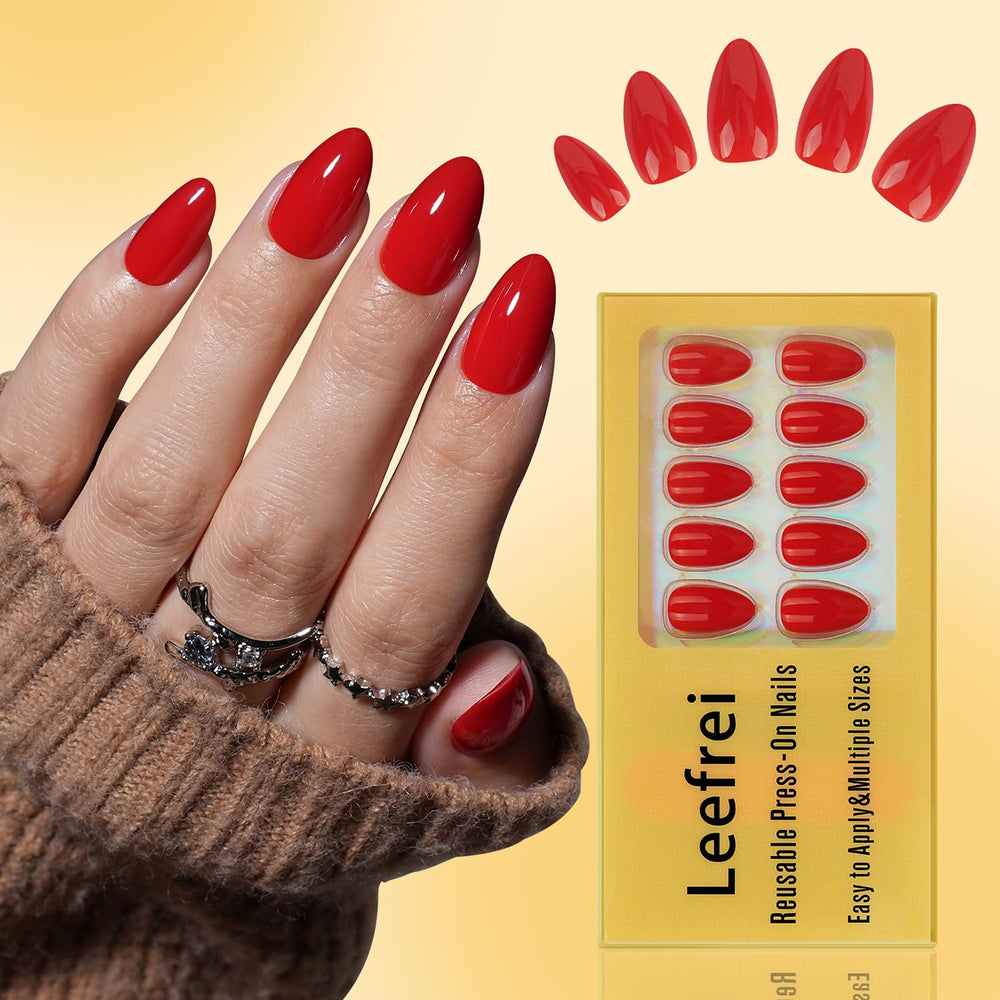 Display of Leefrei Red Press On Nails 16 sizes for secure fit