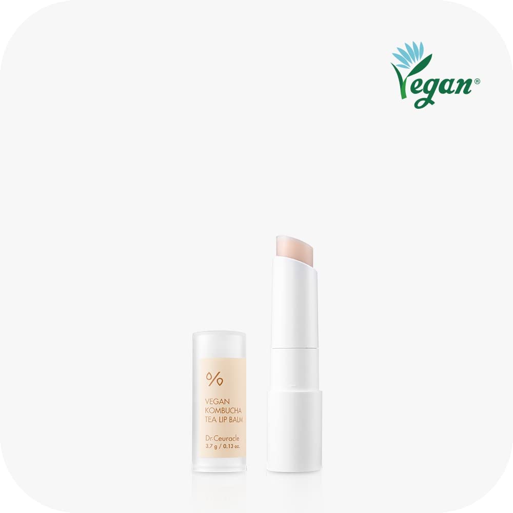 Leegeehaam Dr.Ceuracle vegan kombucha tea lip balm texture close-up reveals creamy, fast-absorbing hydration.