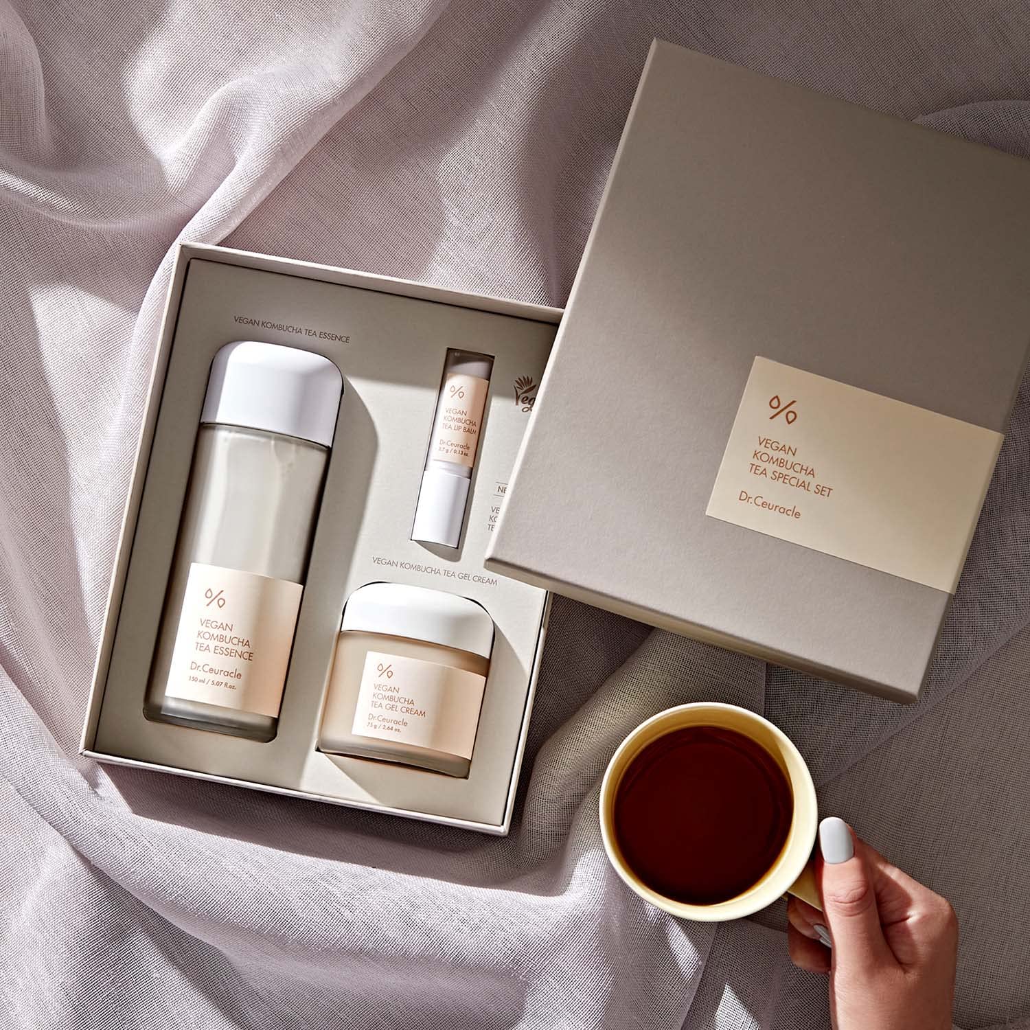 Leegeehaam Dr.Ceuracle Vegan Kombucha Set packaging shown as premium skincare gift.