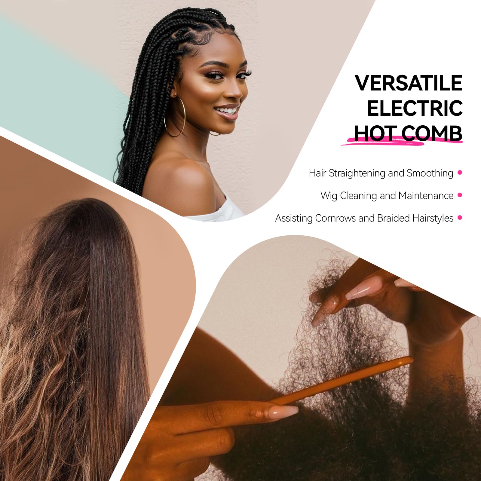 LEEONS hot comb enables wig styling with straight or curved results