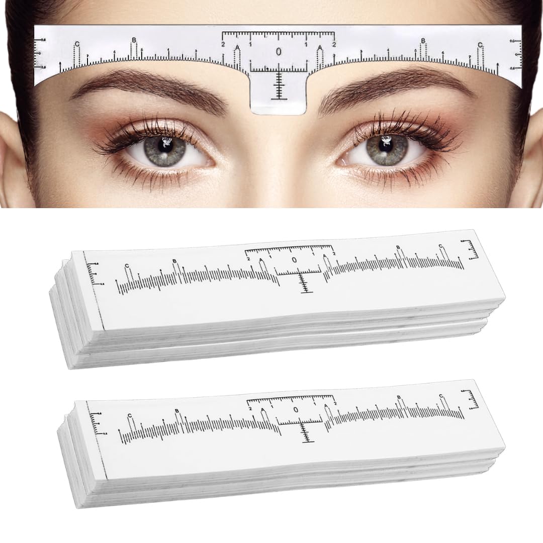 LEES A.M. eyebrow ruler sticker applied to the face for precise brow mapping.