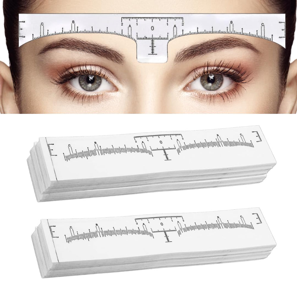 LEES A.M. eyebrow ruler sticker applied to the face for precise brow mapping.