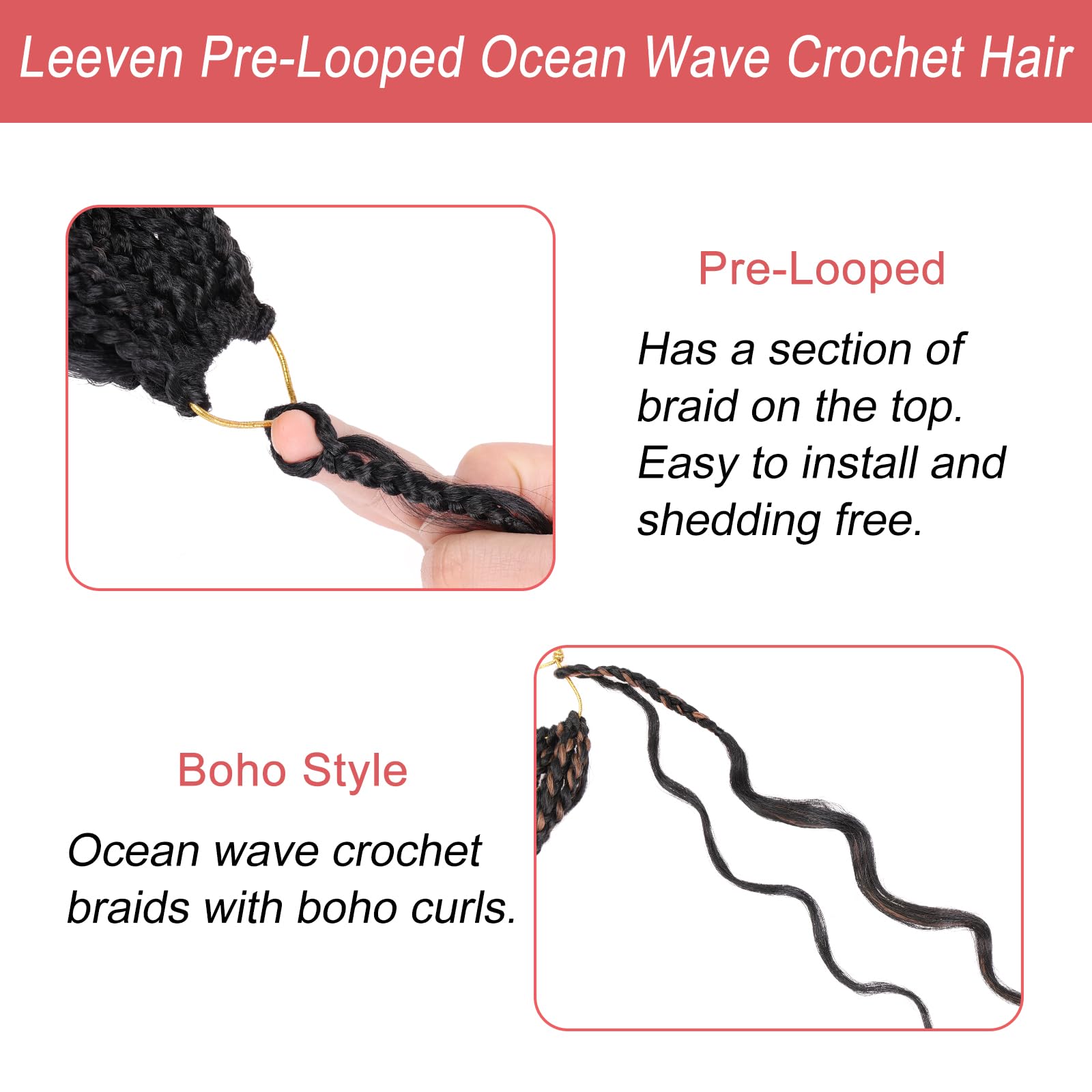 Leeven ocean wave crochet braids fiber closeup highlighting soft, tangle-free texture.