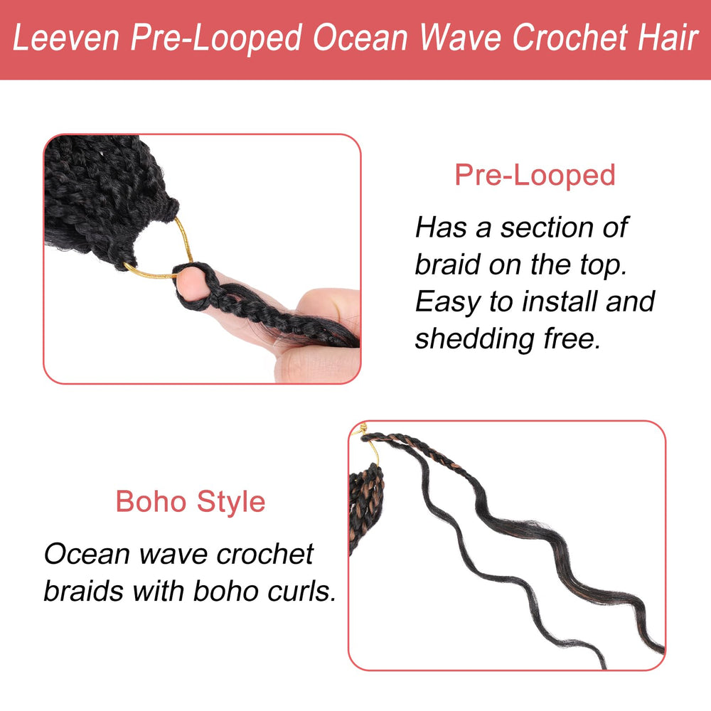 Leeven ocean wave crochet braids fiber closeup highlighting soft, tangle-free texture.