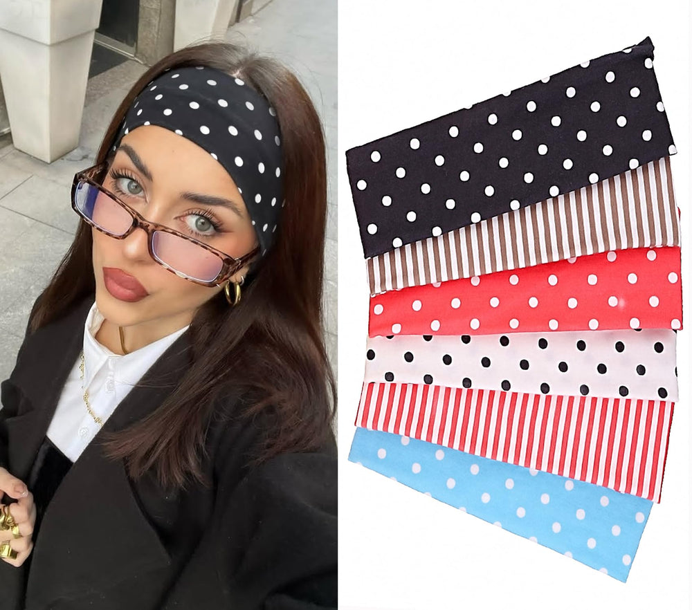 Leeven Polka Dot Headband closeup shows soft elastic fabric for all-day comfort.