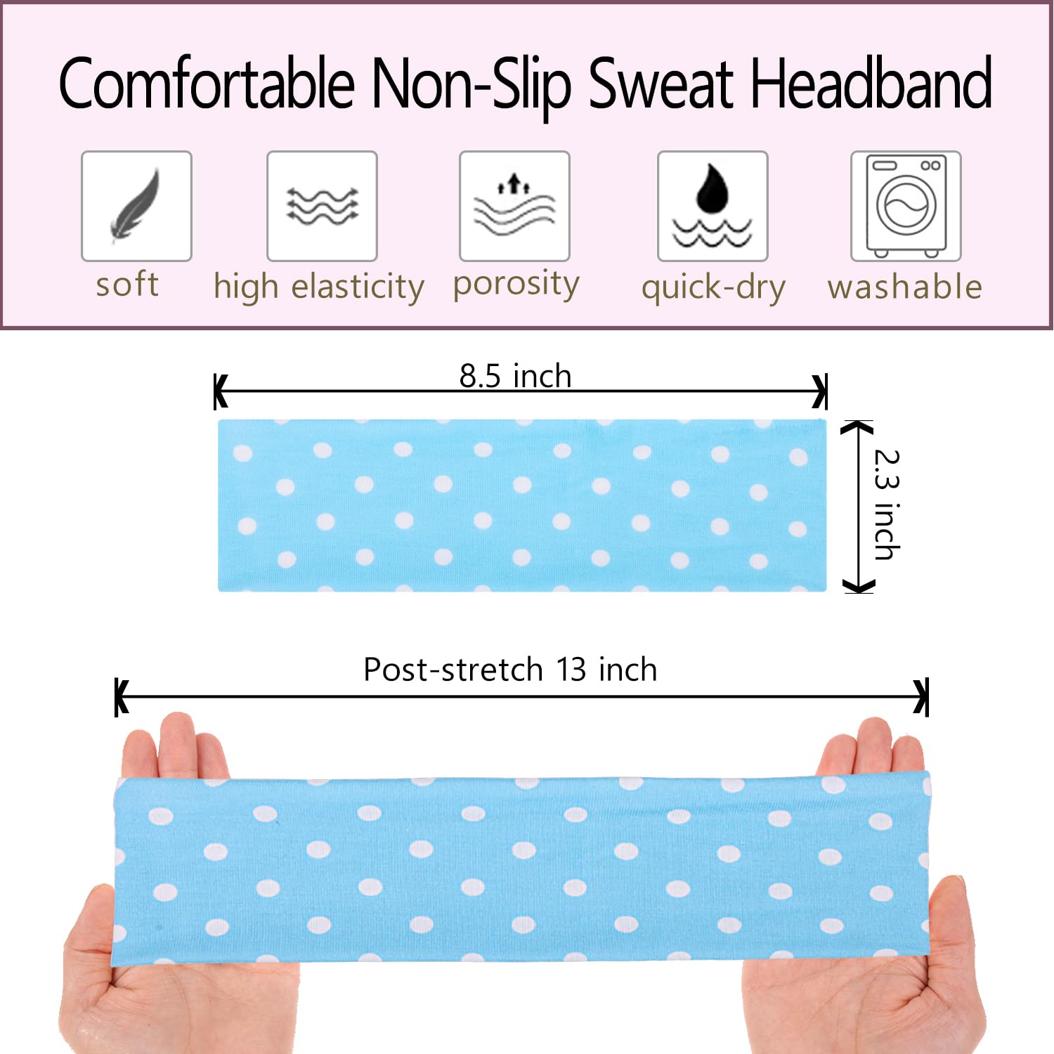 Leeven Polka Dot Headband worn with outfits demonstrates non-slip fit during workouts.