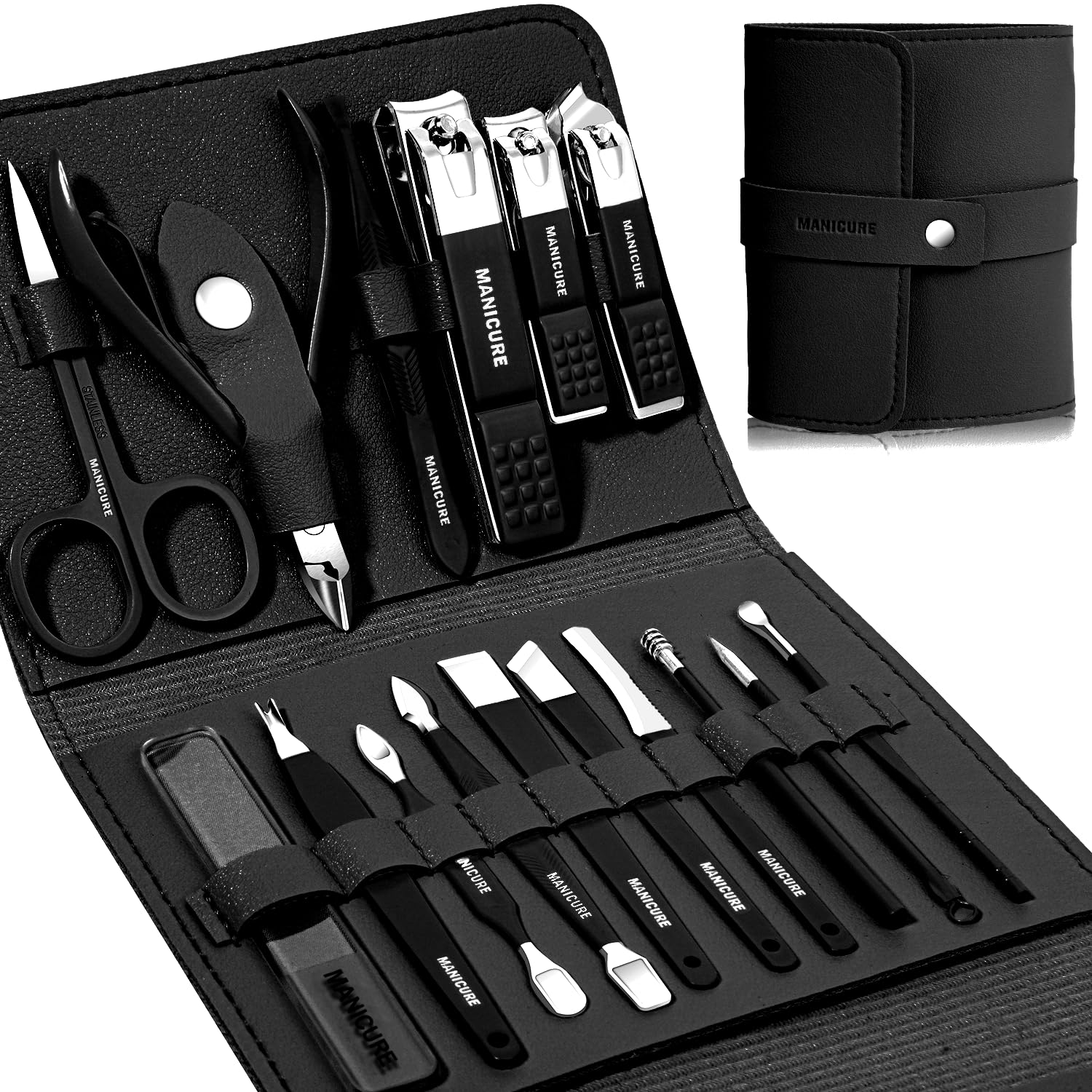 Leipple manicure set 16pcs stainless steel tools arranged for precise at-home grooming.