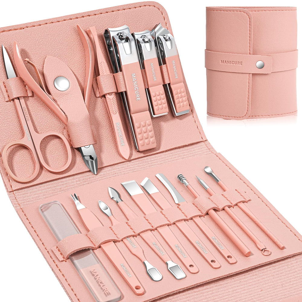 Leipple manicure set leather case open with 16 stainless steel tools for precise grooming on thick nails.