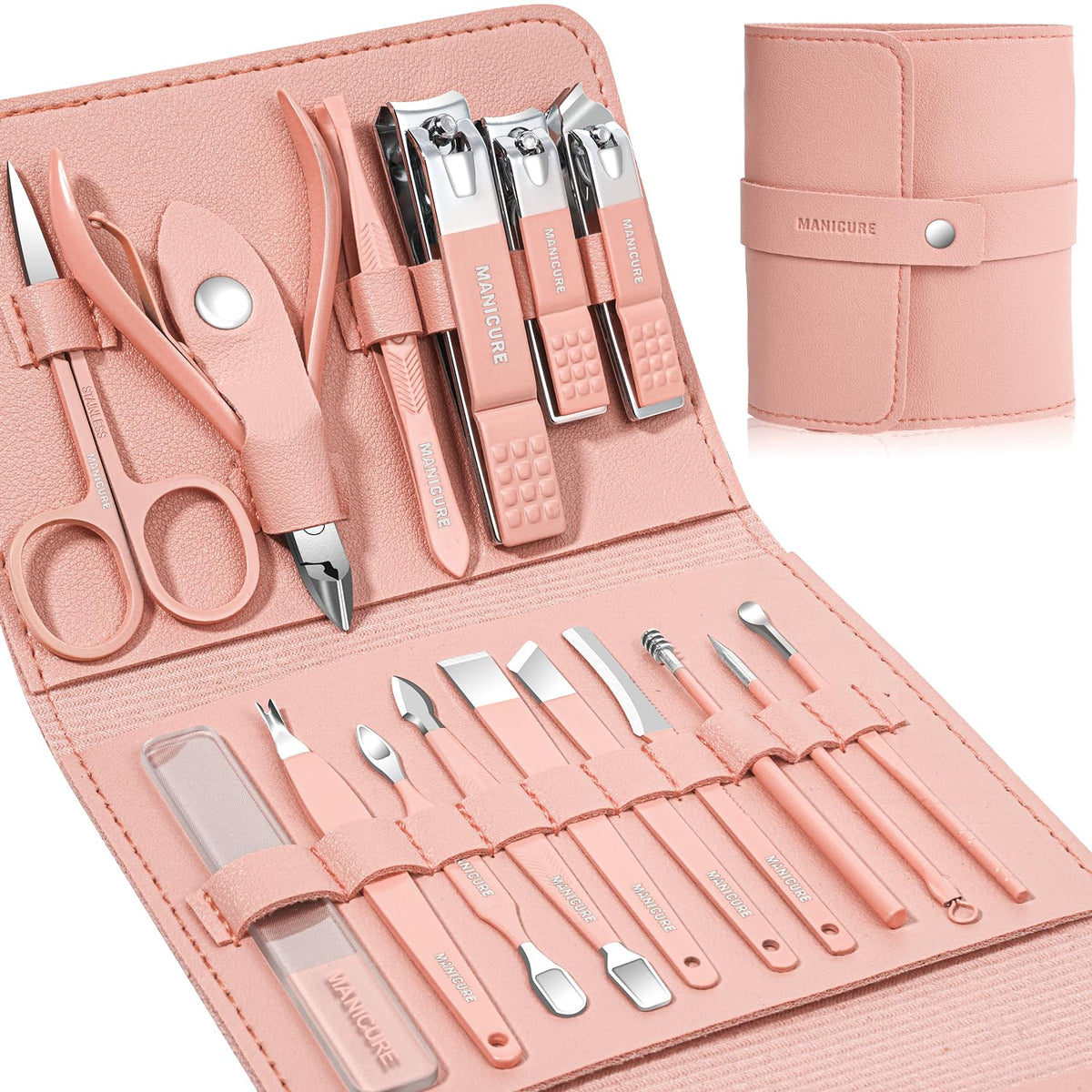 Leipple manicure set leather case open with 16 stainless steel tools for precise grooming on thick nails.